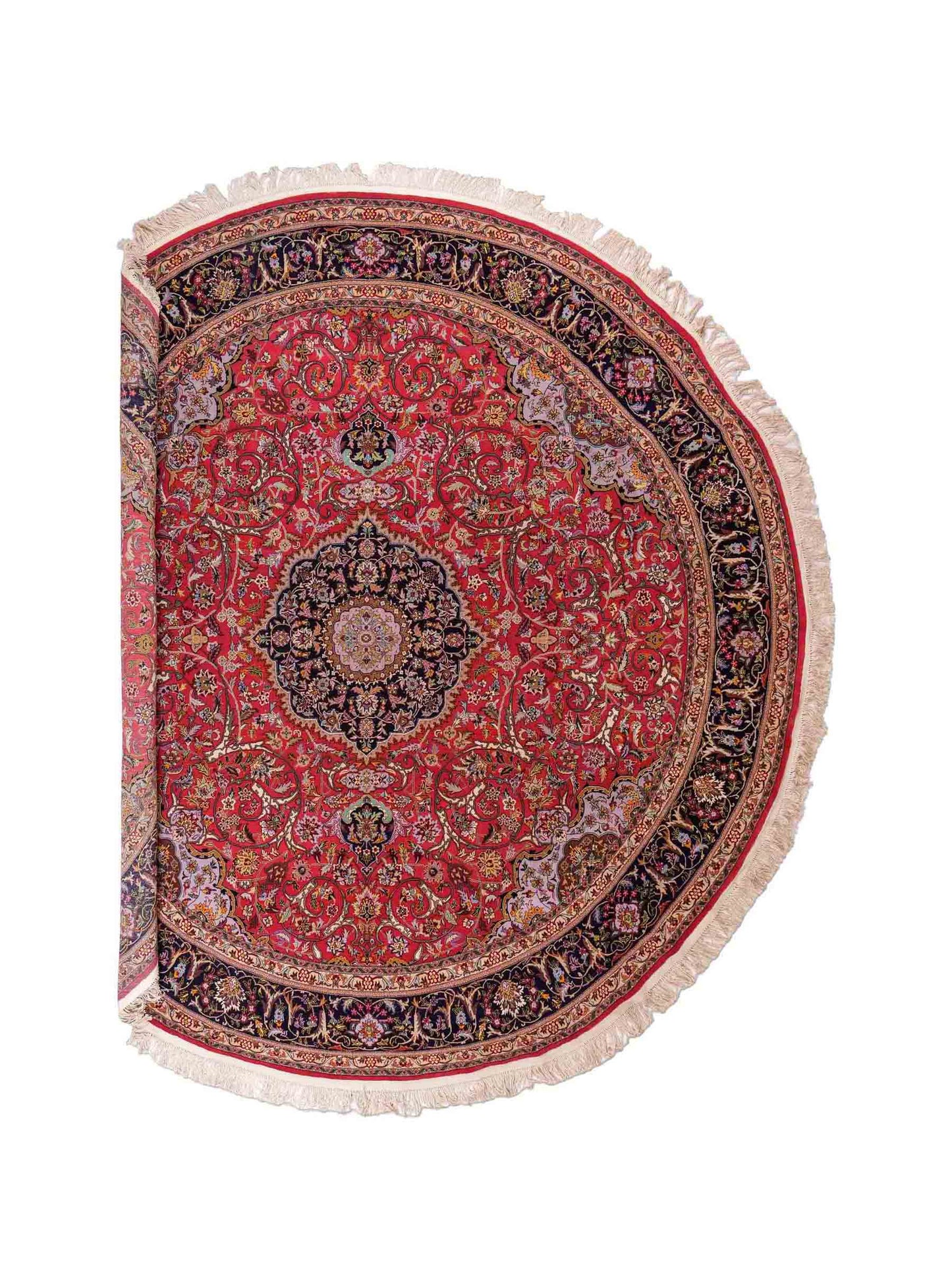 Sehr feiner, runder, handgeknüpfter Khademi Orientteppich mit Täbriz Design aus Wolle und Seide, rot, blau. 272x272 cm. Vertrieb durch Jupiter Intl.