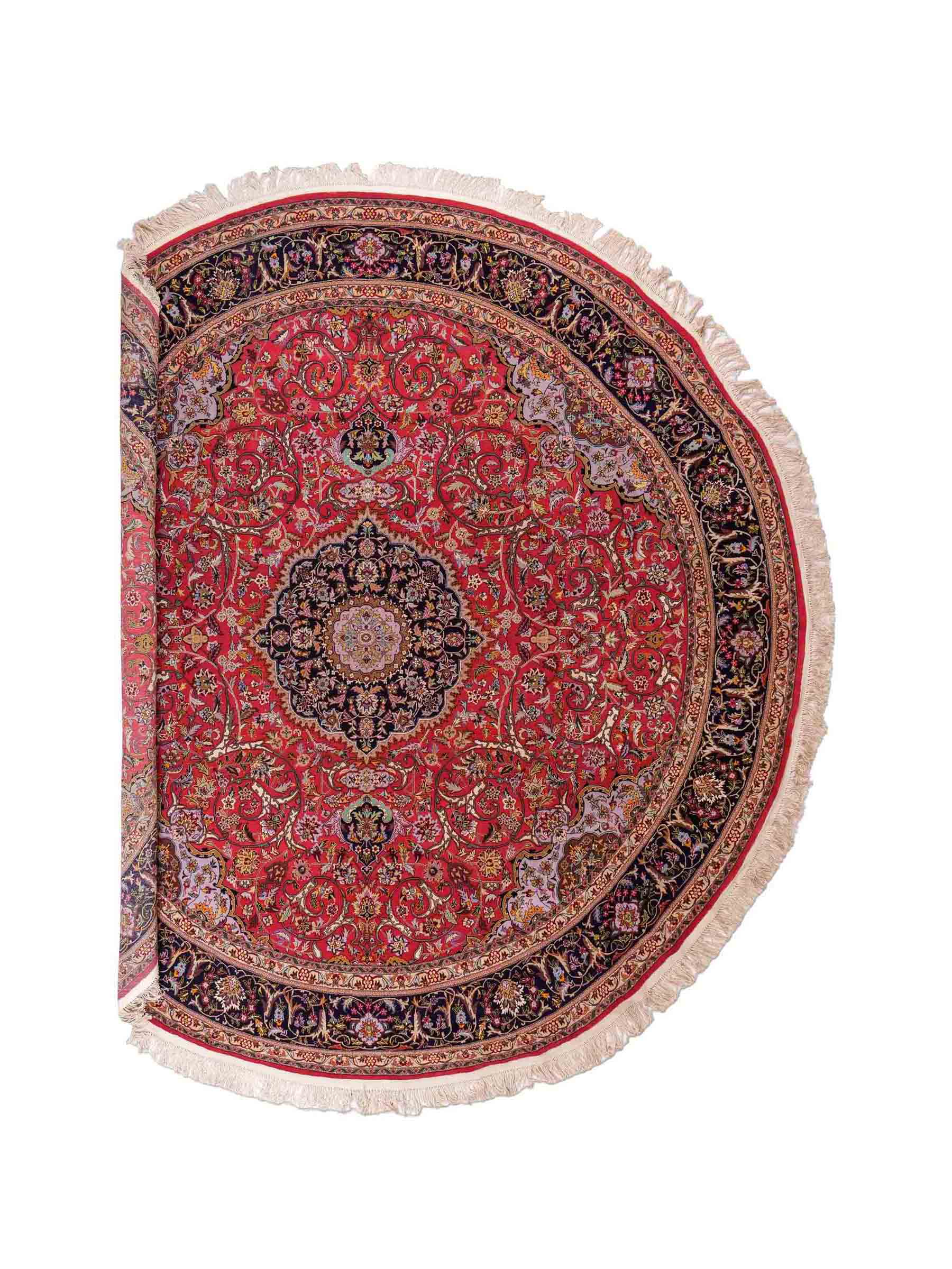 Sehr feiner, runder, handgeknüpfter Khademi Orientteppich mit Täbriz Design aus Wolle und Seide, rot, blau. 272x272 cm. Vertrieb durch Jupiter Intl.