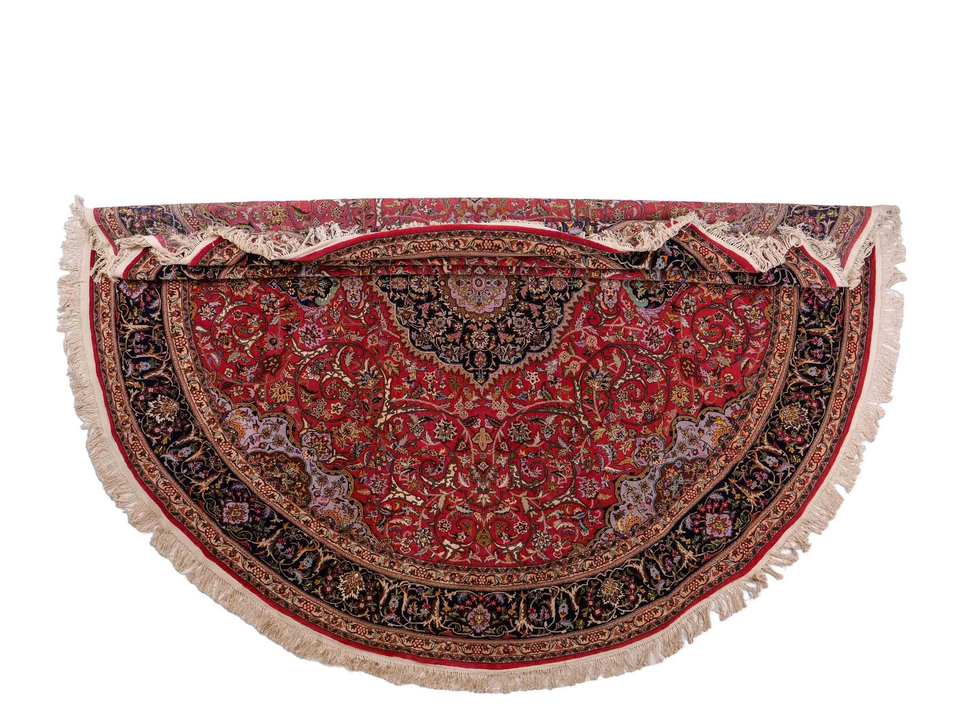 Sehr feiner, runder, handgeknüpfter Khademi Orientteppich mit Täbriz Design aus Wolle und Seide, rot, blau. 272x272 cm. Vertrieb durch Jupiter Intl.