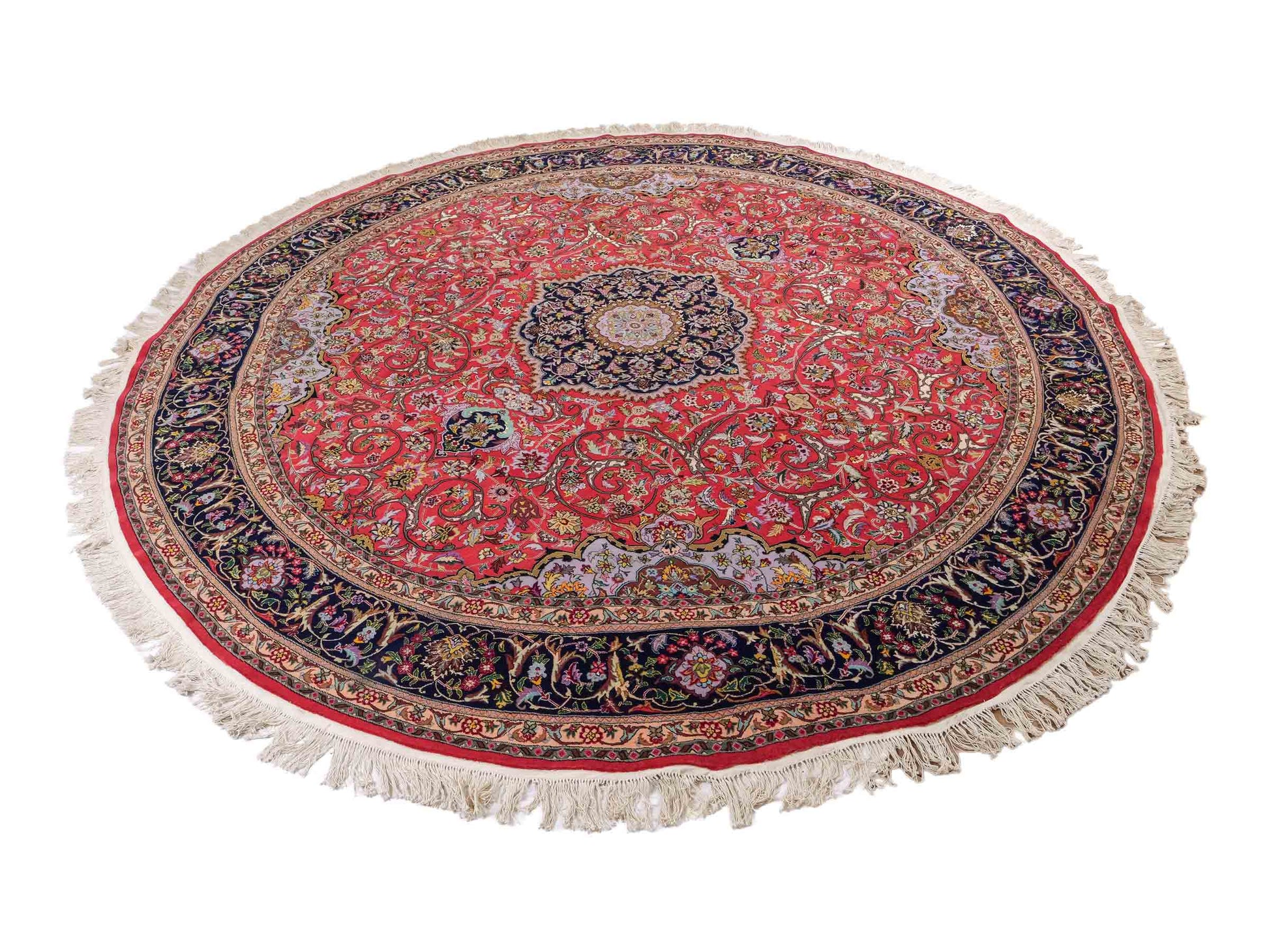 Sehr feiner, runder, handgeknüpfter Khademi Orientteppich mit Täbriz Design aus Wolle und Seide, rot, blau. 272x272 cm. Vertrieb durch Jupiter Intl.