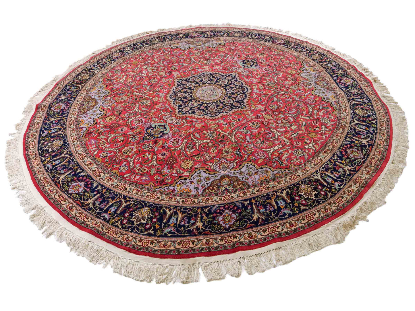 Sehr feiner, runder, handgeknüpfter Khademi Orientteppich mit Täbriz Design aus Wolle und Seide, rot, blau. 272x272 cm. Vertrieb durch Jupiter Intl.