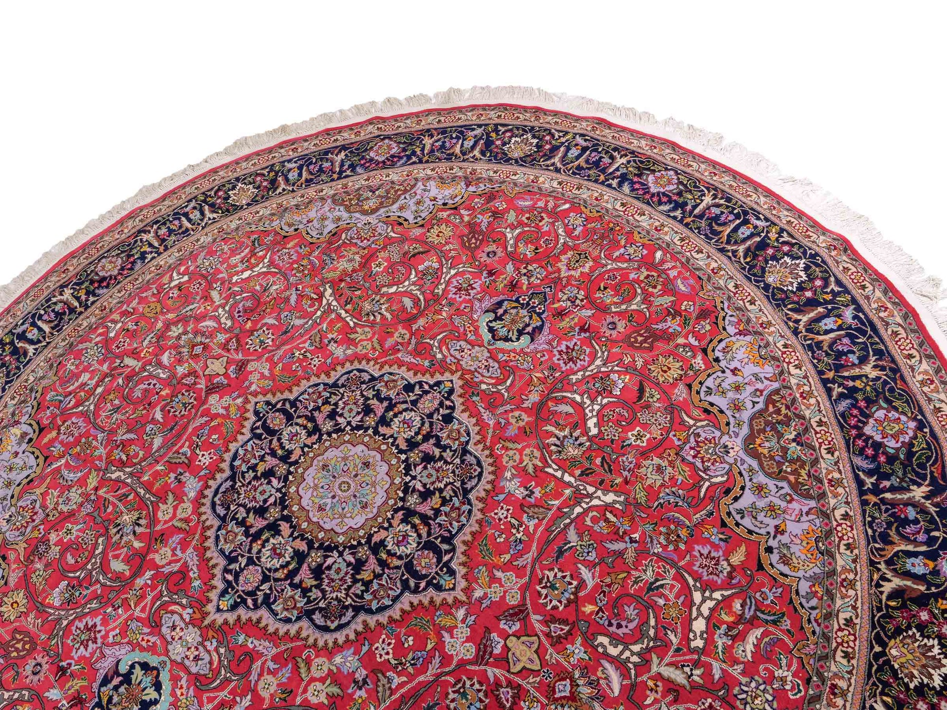 Sehr feiner, runder, handgeknüpfter Khademi Orientteppich mit Täbriz Design aus Wolle und Seide, rot, blau. 272x272 cm. Vertrieb durch Jupiter Intl.