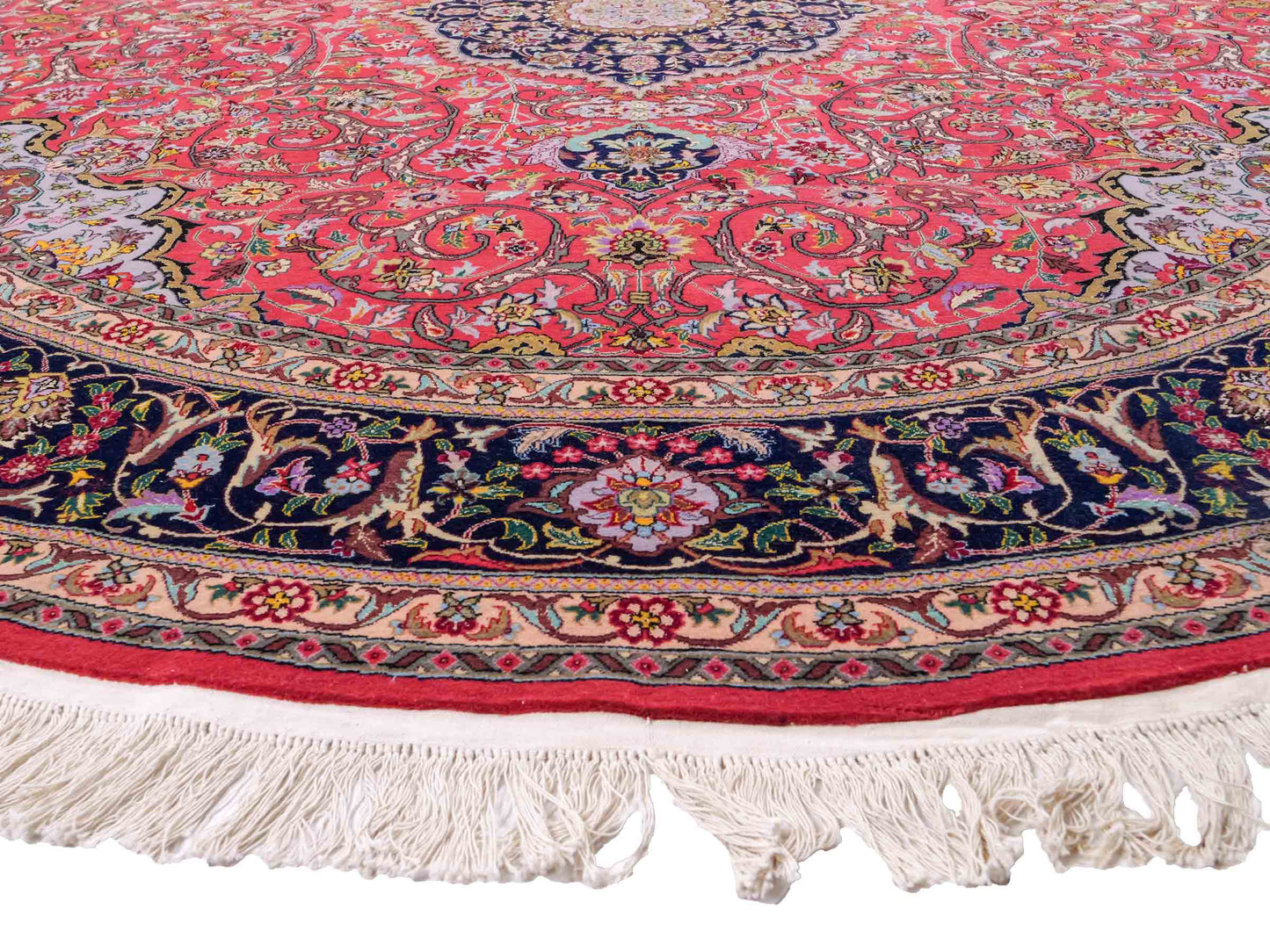 Sehr feiner, runder, handgeknüpfter Khademi Orientteppich mit Täbriz Design aus Wolle und Seide, rot, blau. 272x272 cm. Vertrieb durch Jupiter Intl.