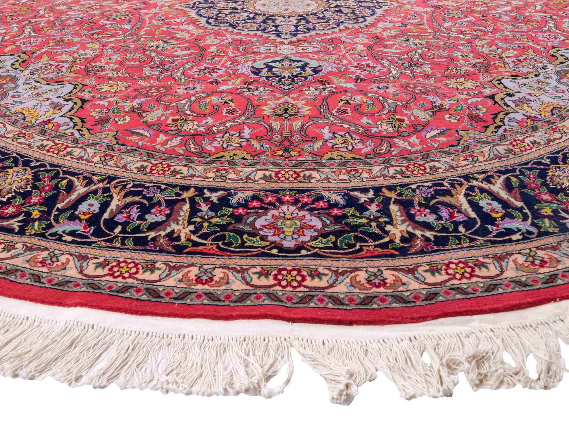 Sehr feiner, runder, handgeknüpfter Khademi Orientteppich mit Täbriz Design aus Wolle und Seide, rot, blau. 272x272 cm. Vertrieb durch Jupiter Intl.
