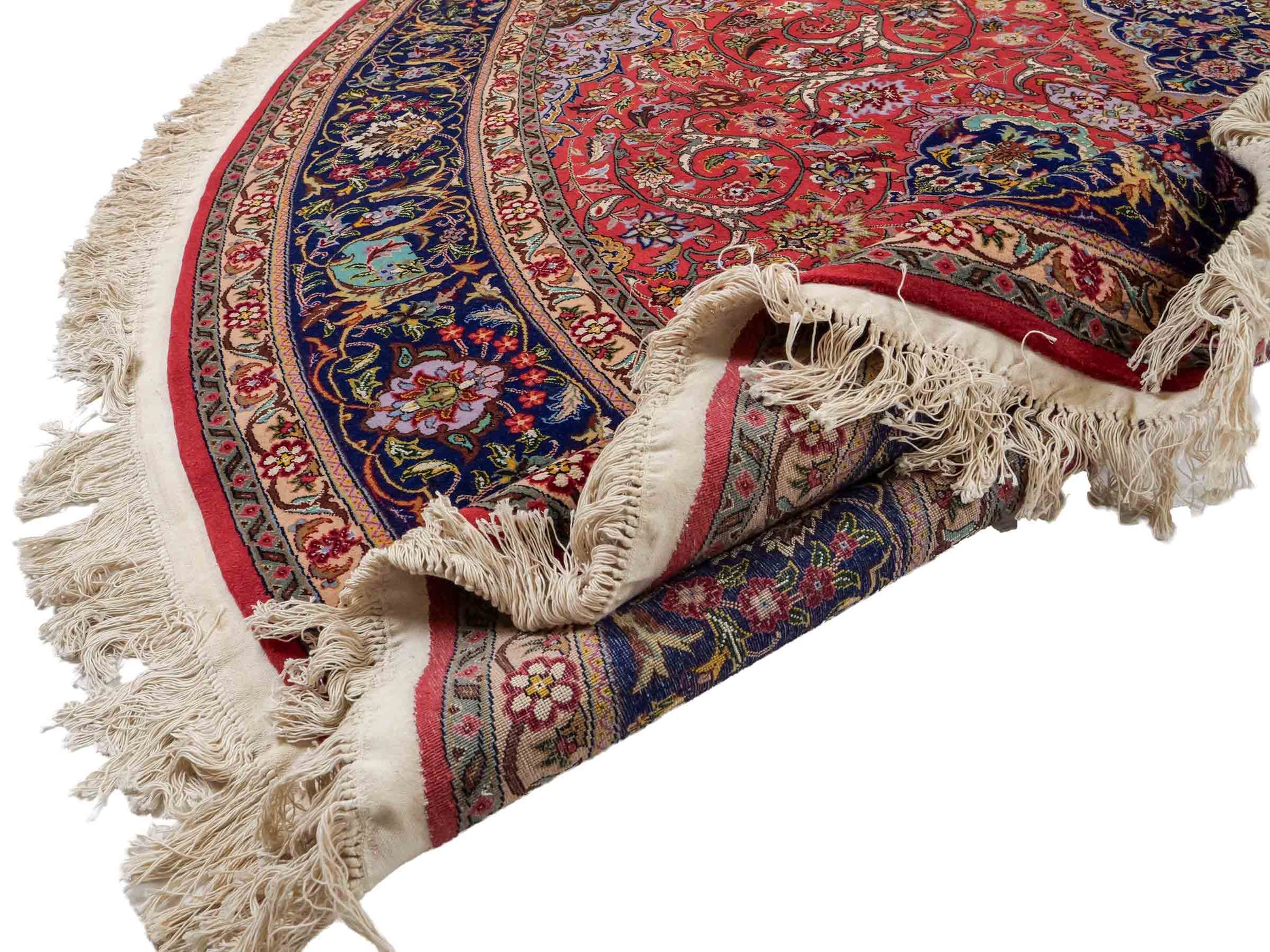 Sehr feiner, runder, handgeknüpfter Khademi Orientteppich mit Täbriz Design aus Wolle mit Seide, rot und blau. 275x275 cm. Vertrieb durch Jupiter Intl.