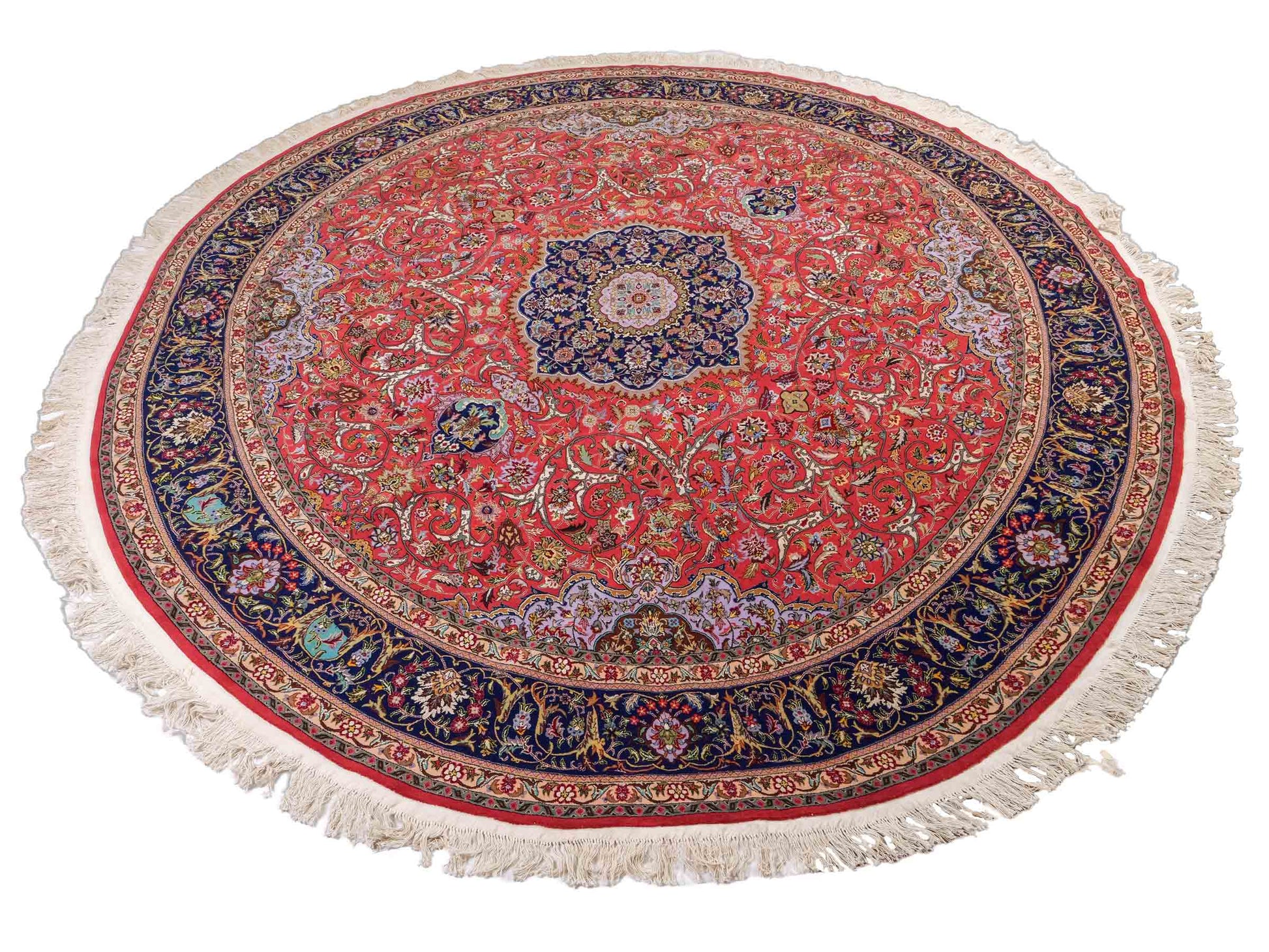 Sehr feiner, runder, handgeknüpfter Khademi Orientteppich mit Täbriz Design aus Wolle mit Seide, rot und blau. 275x275 cm. Vertrieb durch Jupiter Intl.