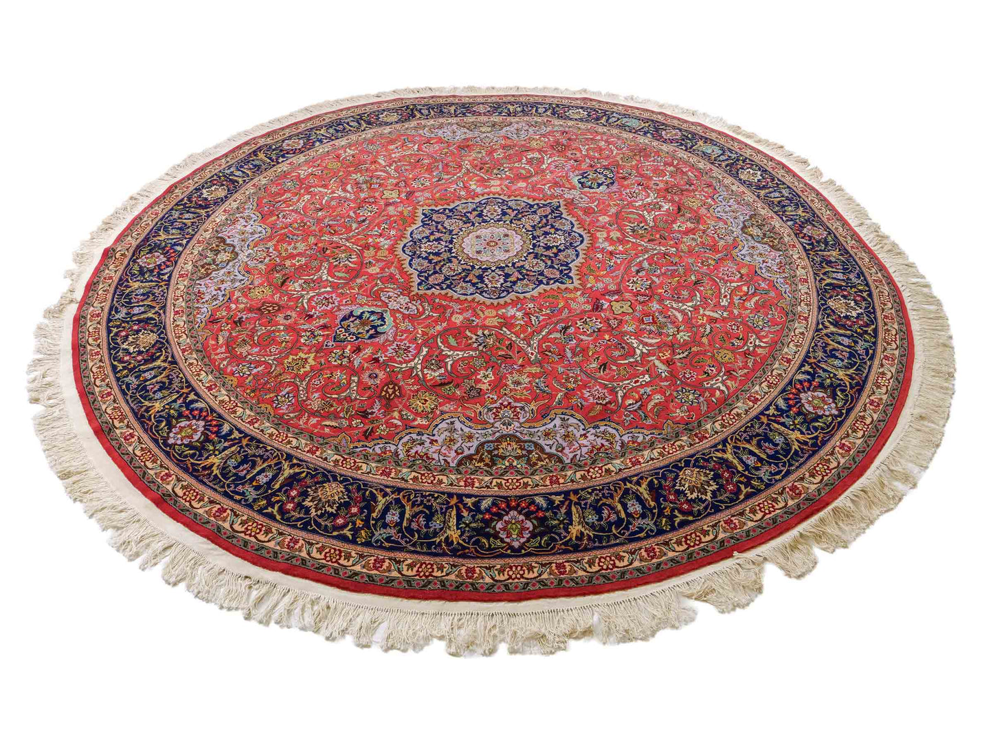 Sehr feiner, runder, handgeknüpfter Khademi Orientteppich mit Täbriz Design aus Wolle mit Seide, rot und blau. 275x275 cm. Vertrieb durch Jupiter Intl.
