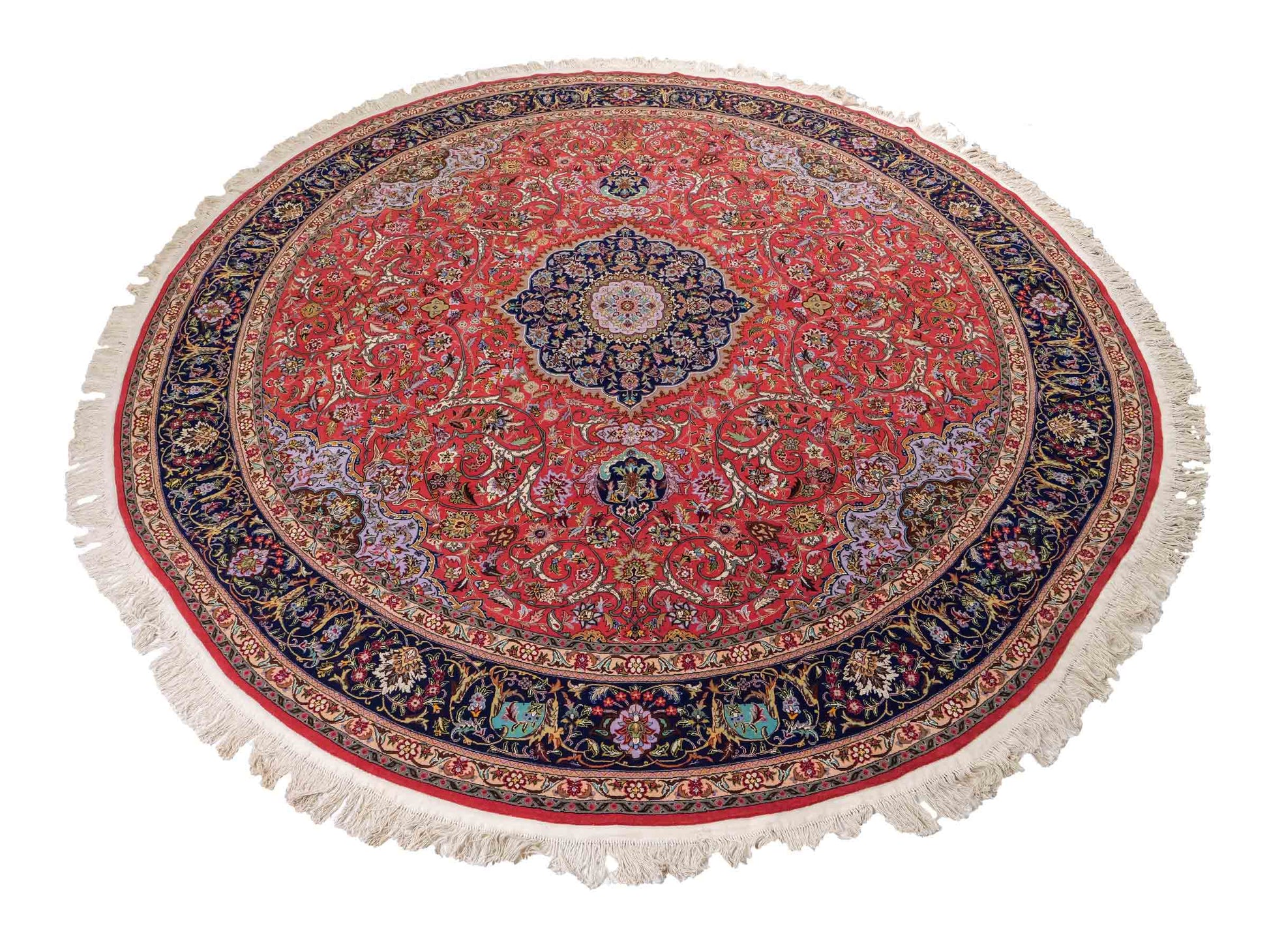 Sehr feiner, runder, handgeknüpfter Khademi Orientteppich mit Täbriz Design aus Wolle mit Seide, rot und blau. 275x275 cm. Vertrieb durch Jupiter Intl.
