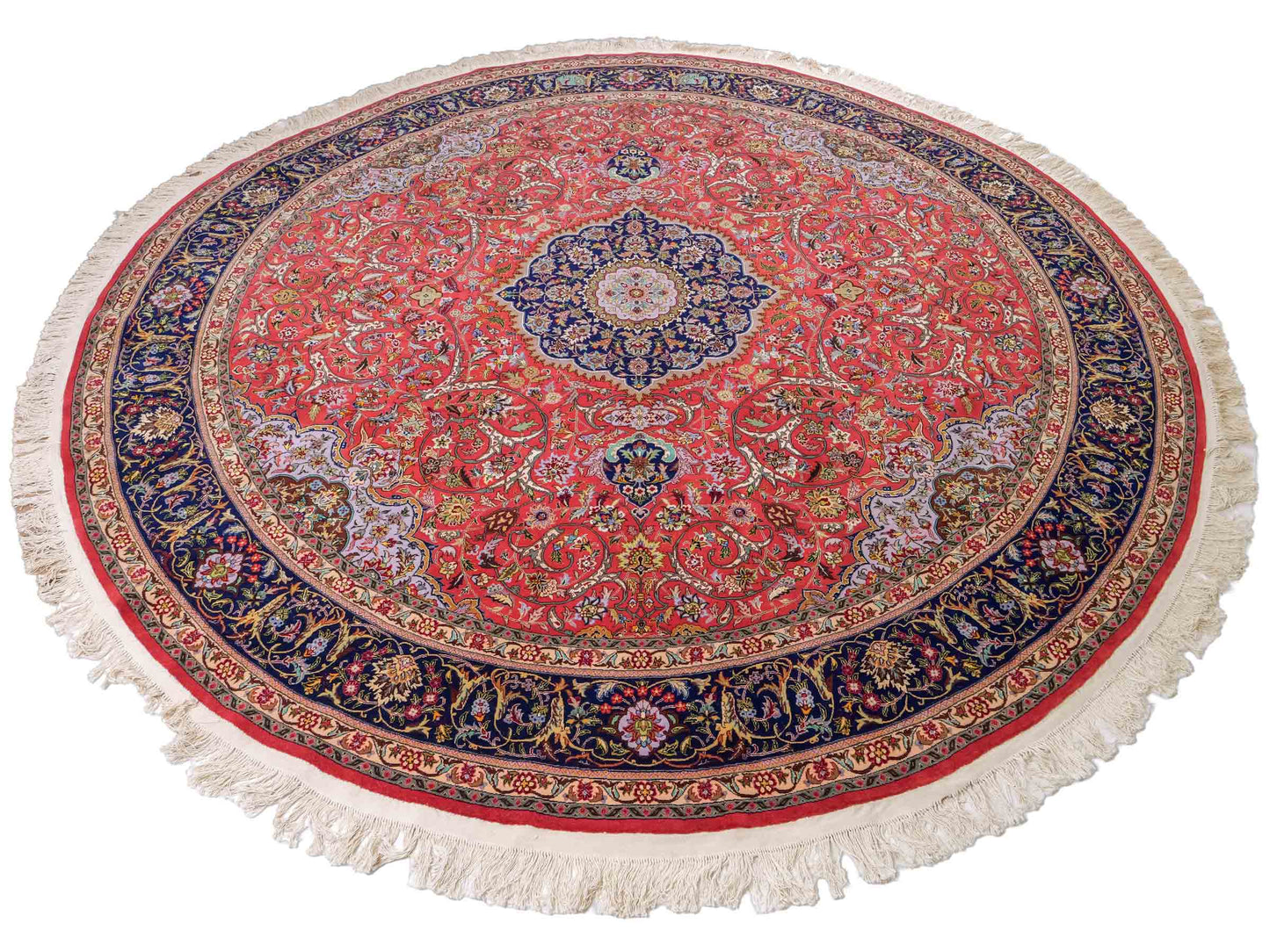 Sehr feiner, runder, handgeknüpfter Khademi Orientteppich mit Täbriz Design aus Wolle mit Seide, rot und blau. 275x275 cm. Vertrieb durch Jupiter Intl.
