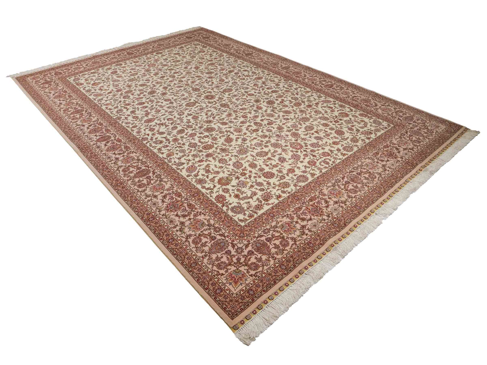 Sehr feiner, handgeknüpfter Khademi Orientteppich mit Täbriz Design aus Wolle mit Seide, creme, weiß, lachs. 304x207 cm. Vertrieb durch Jupiter Intl.
