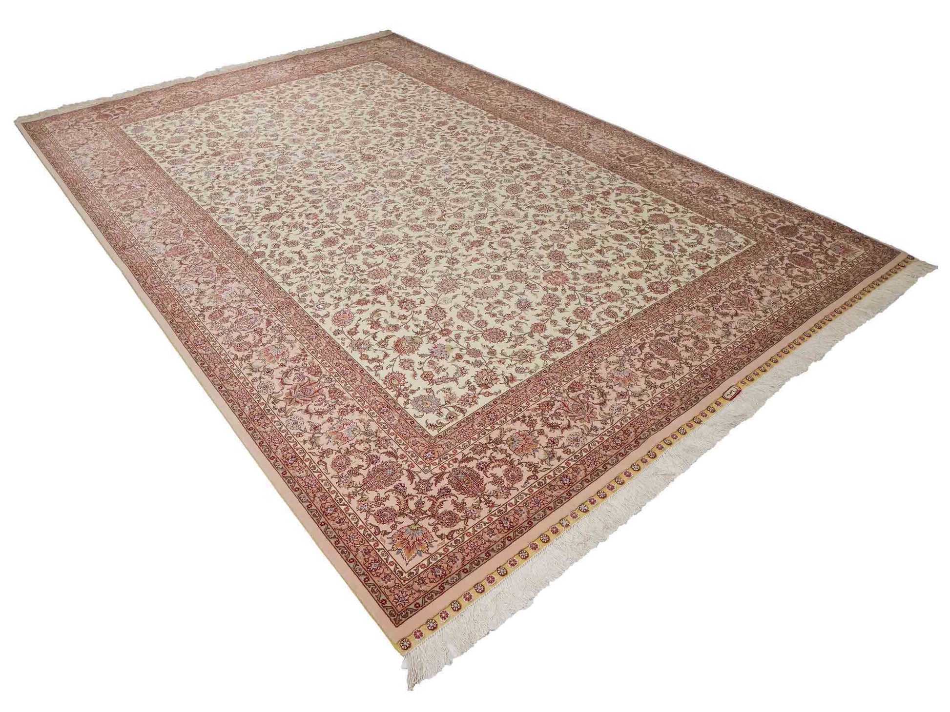 Sehr feiner, handgeknüpfter Khademi Orientteppich mit Täbriz Design aus Wolle mit Seide, creme, weiß, lachs. 304x207 cm. Vertrieb durch Jupiter Intl.