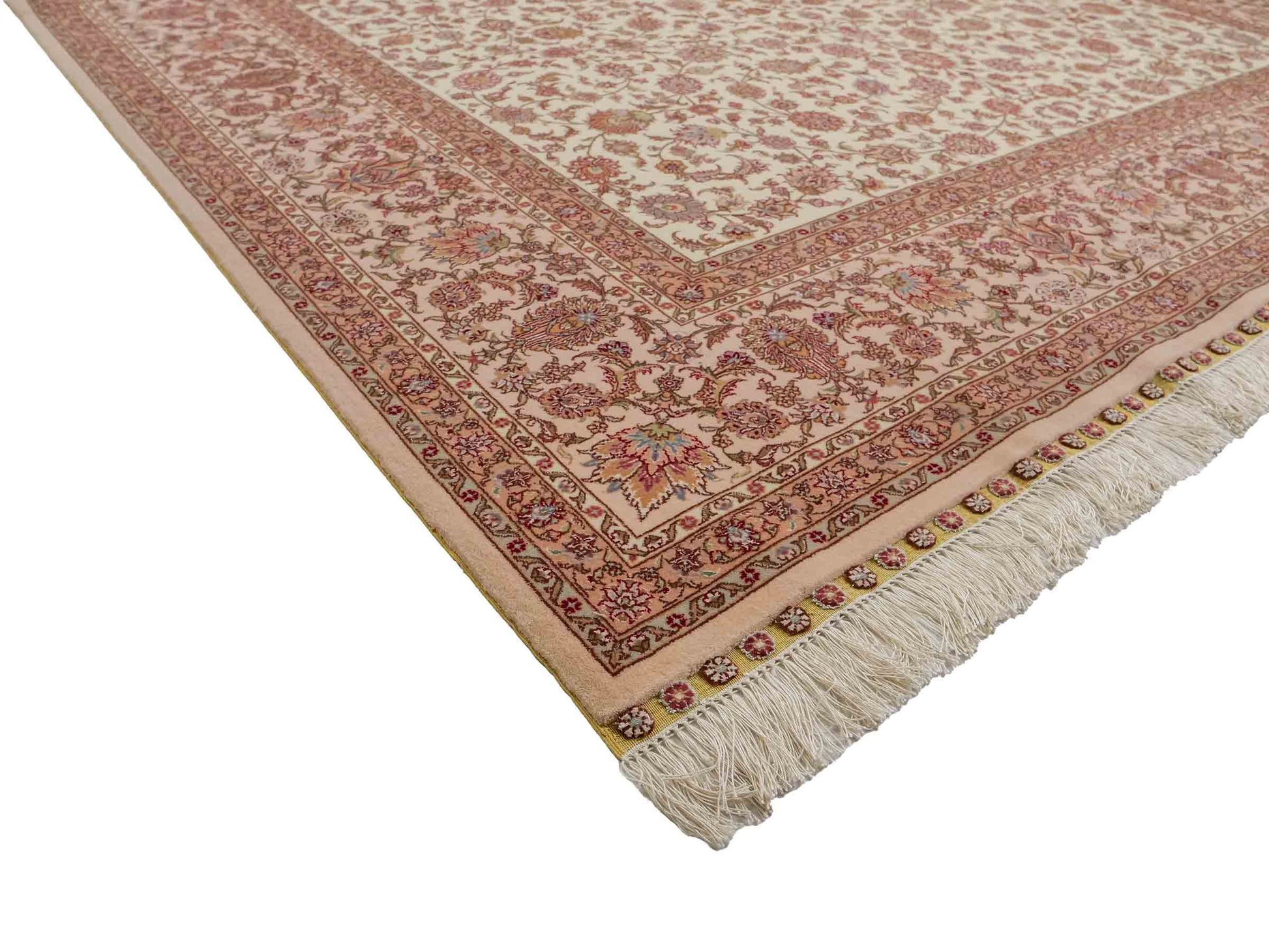 Sehr feiner, handgeknüpfter Khademi Orientteppich mit Täbriz Design aus Wolle mit Seide, creme, weiß, lachs. 304x207 cm. Vertrieb durch Jupiter Intl.