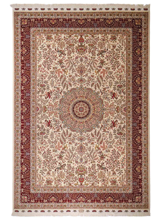 Sehr feiner, handgeknüpfter Khademi Orientteppich mit Täbriz Design aus Wolle mit Seide, creme, weiß, rot. 304x207 cm. Vertrieb durch Jupiter Intl.