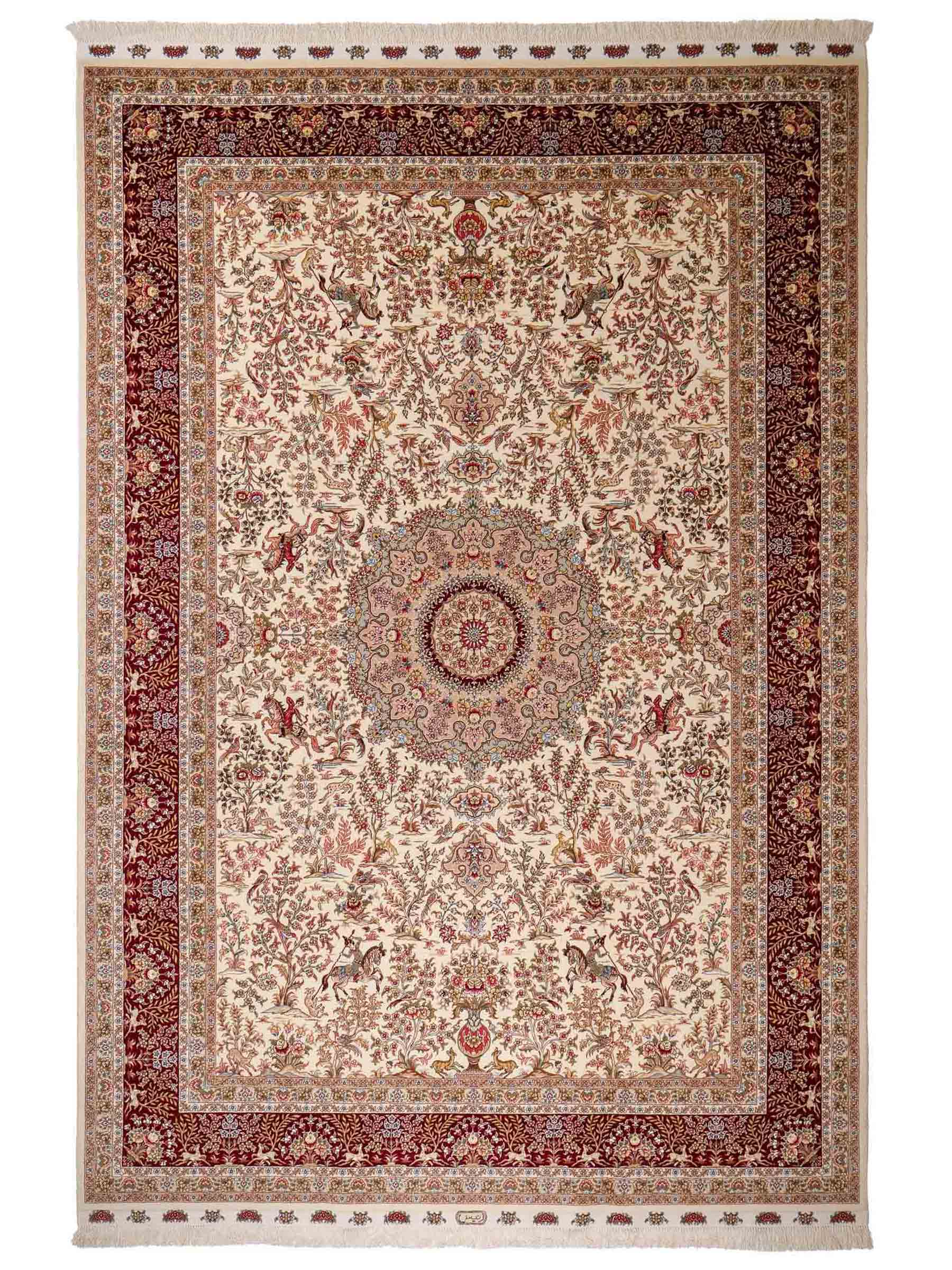 Sehr feiner, handgeknüpfter Khademi Orientteppich mit Täbriz Design aus Wolle mit Seide, creme, weiß, rot. 305x207 cm. Vertrieb druch Jupiter Intl.