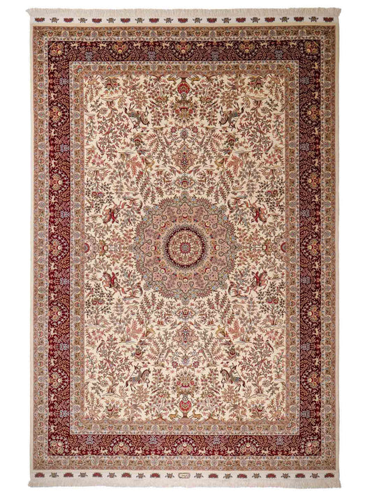 Sehr feiner, handgeknüpfter Khademi Orientteppich mit Täbriz Design aus Wolle mit Seide, creme, weiß, rot. 305x207 cm. Vertrieb druch Jupiter Intl.