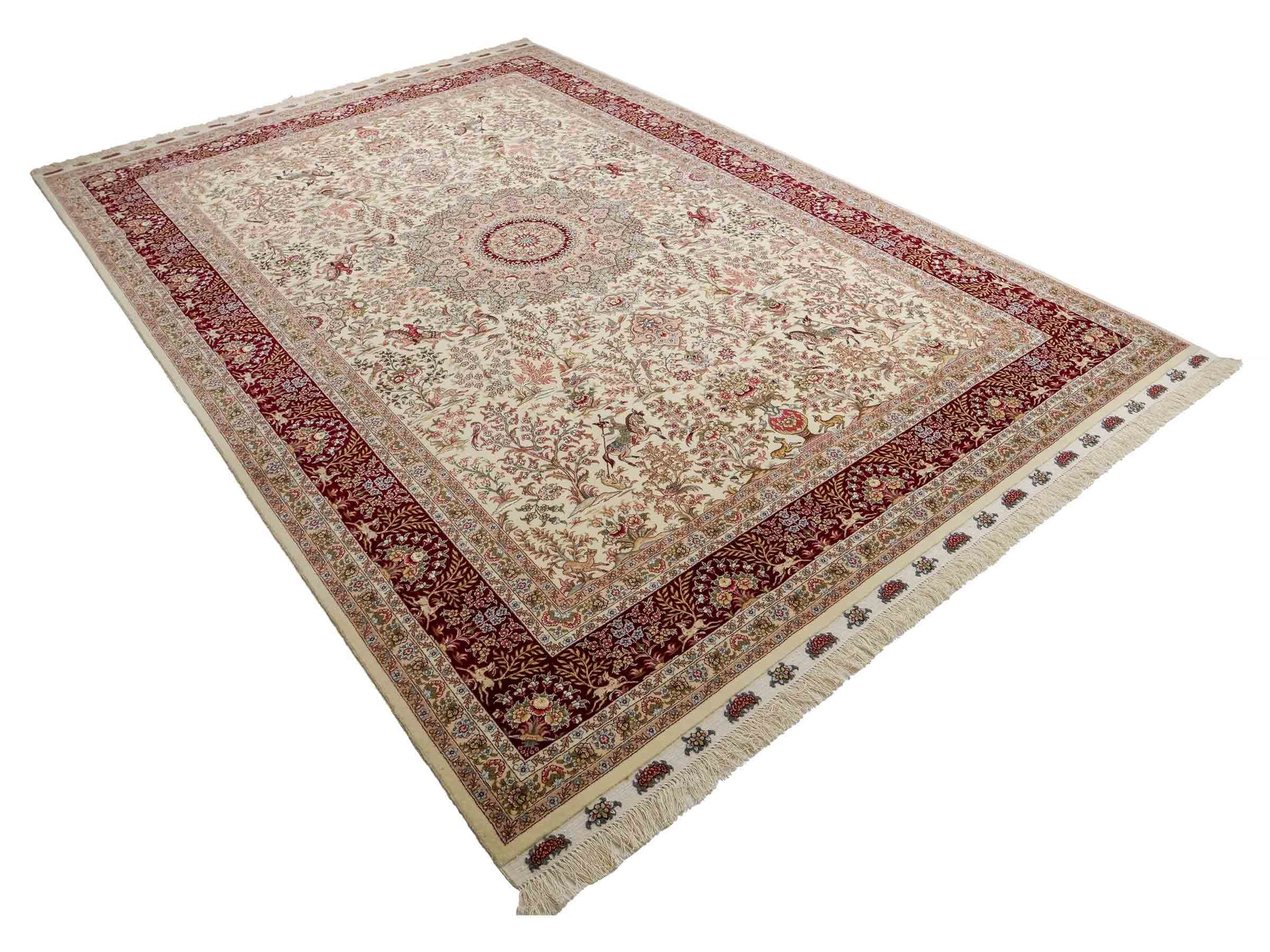Sehr feiner, handgeknüpfter Khademi Orientteppich mit Täbriz Design aus Wolle mit Seide, creme, weiß, rot. 305x207 cm. Vertrieb druch Jupiter Intl.