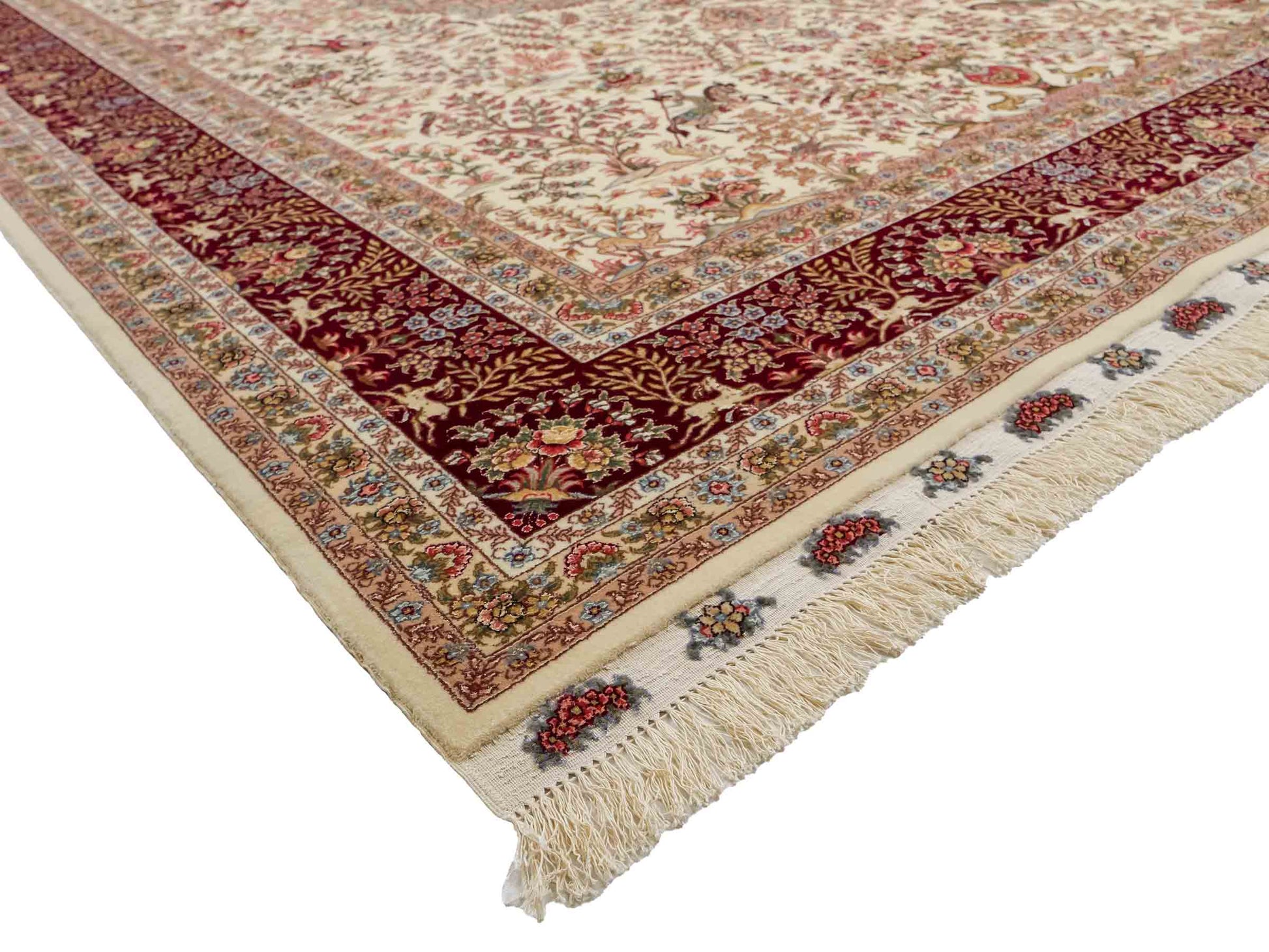 Sehr feiner, handgeknüpfter Khademi Orientteppich mit Täbriz Design aus Wolle mit Seide, creme, weiß, rot. 305x207 cm. Vertrieb druch Jupiter Intl.