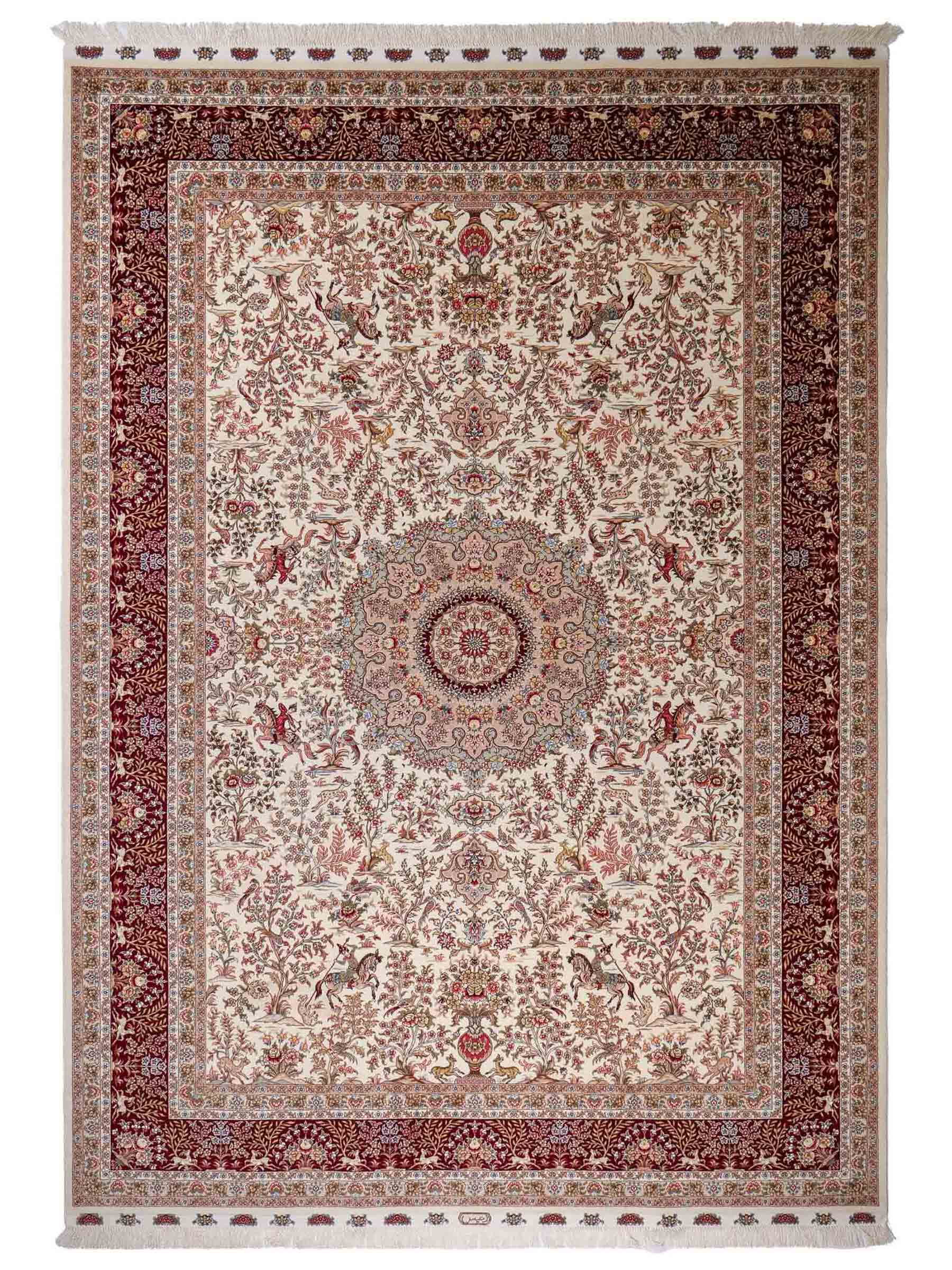Sehr feiner, handgeknüpfter Khademi Orientteppich mit Täbriz Design aus Wolle mit Seide, creme, weiß, rot. 306x208 cm. Vertrieb durch Jupiter Intl.