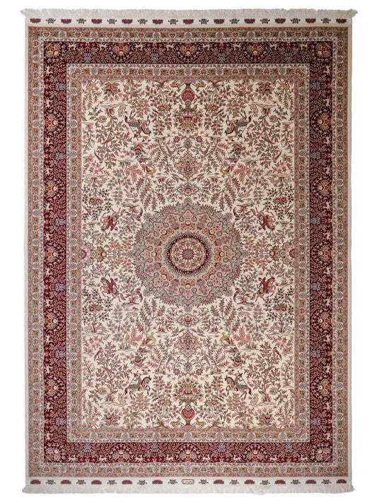 Sehr feiner, handgeknüpfter Khademi Orientteppich mit Täbriz Design aus Wolle mit Seide, creme, weiß, rot. 306x208 cm. Vertrieb durch Jupiter Intl.