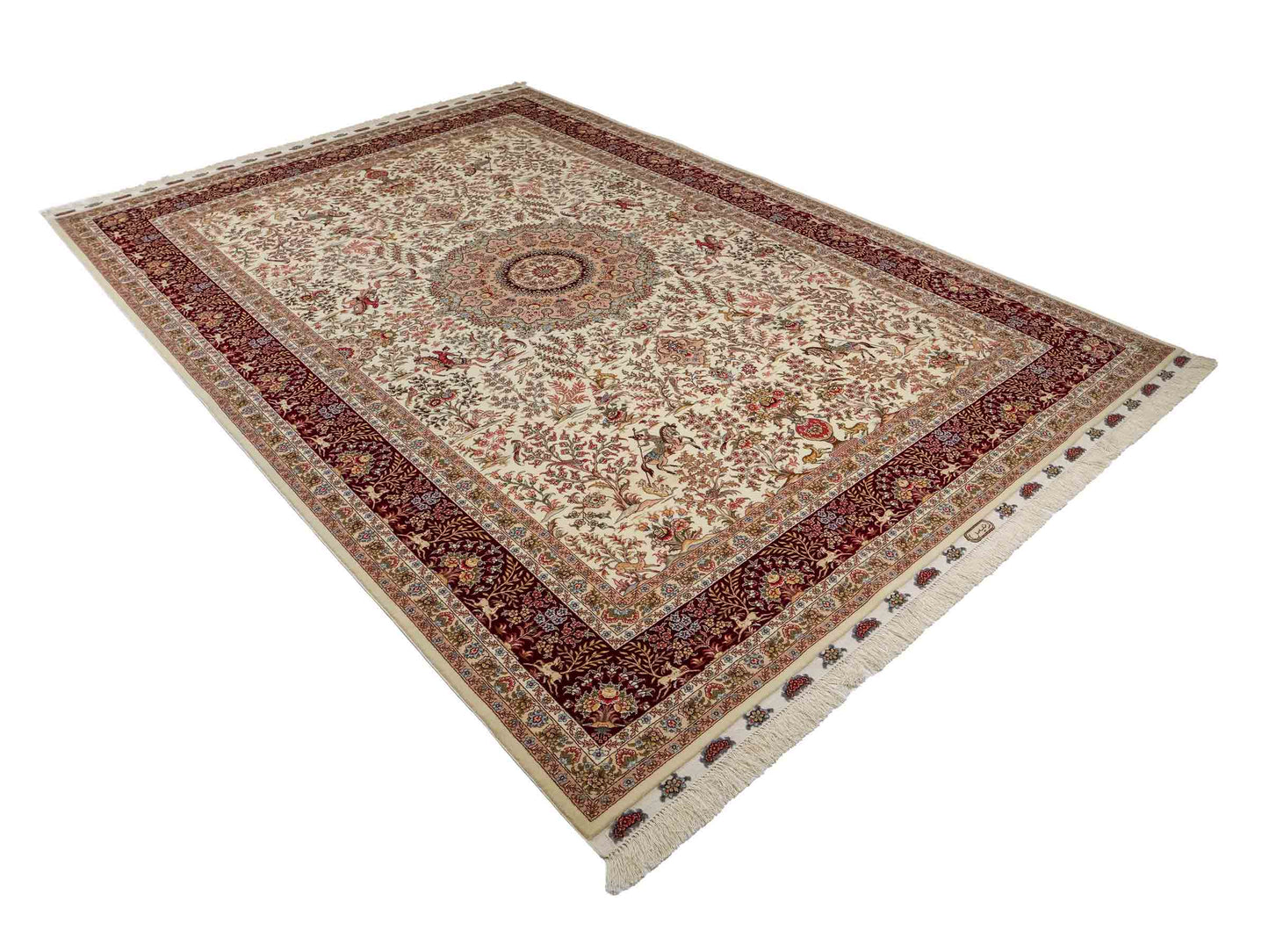 Sehr feiner, handgeknüpfter Khademi Orientteppich mit Täbriz Design aus Wolle mit Seide, creme, weiß, rot. 306x208 cm. Vertrieb durch Jupiter Intl.