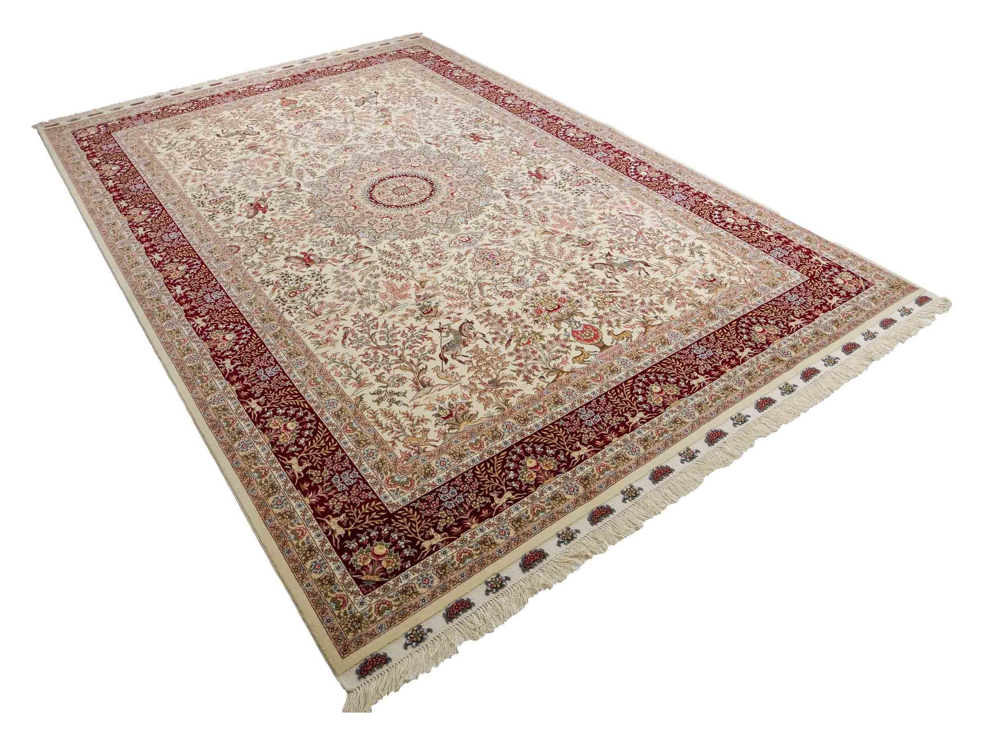Sehr feiner, handgeknüpfter Khademi Orientteppich mit Täbriz Design aus Wolle mit Seide, creme, weiß, rot. 306x208 cm. Vertrieb durch Jupiter Intl.