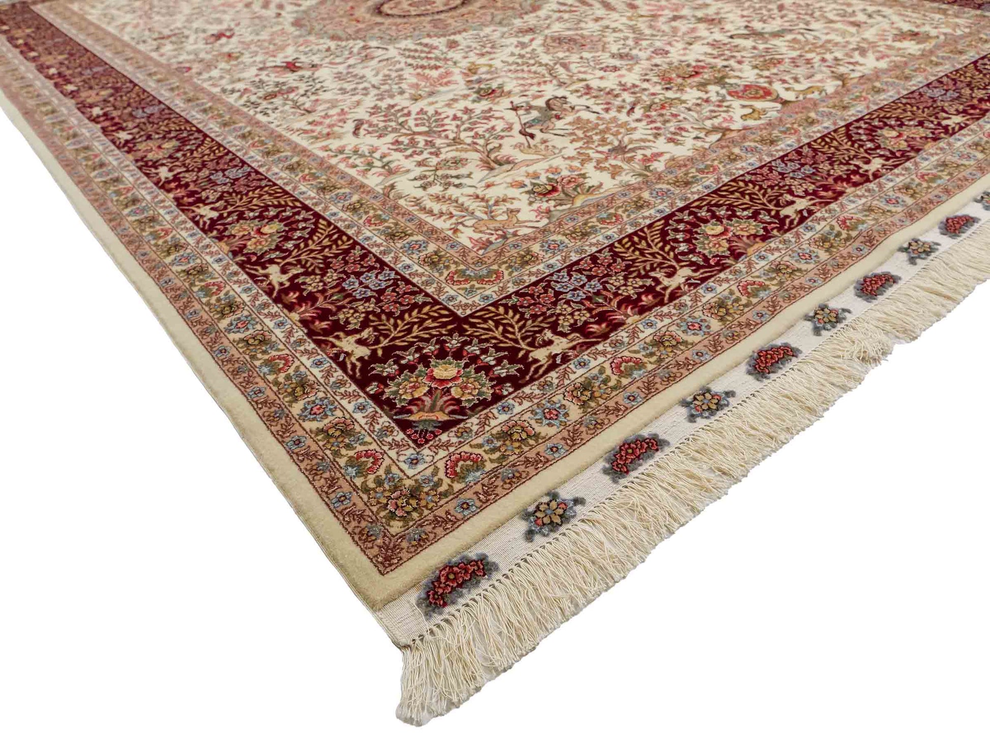 Sehr feiner, handgeknüpfter Khademi Orientteppich mit Täbriz Design aus Wolle mit Seide, creme, weiß, rot. 306x208 cm. Vertrieb durch Jupiter Intl.