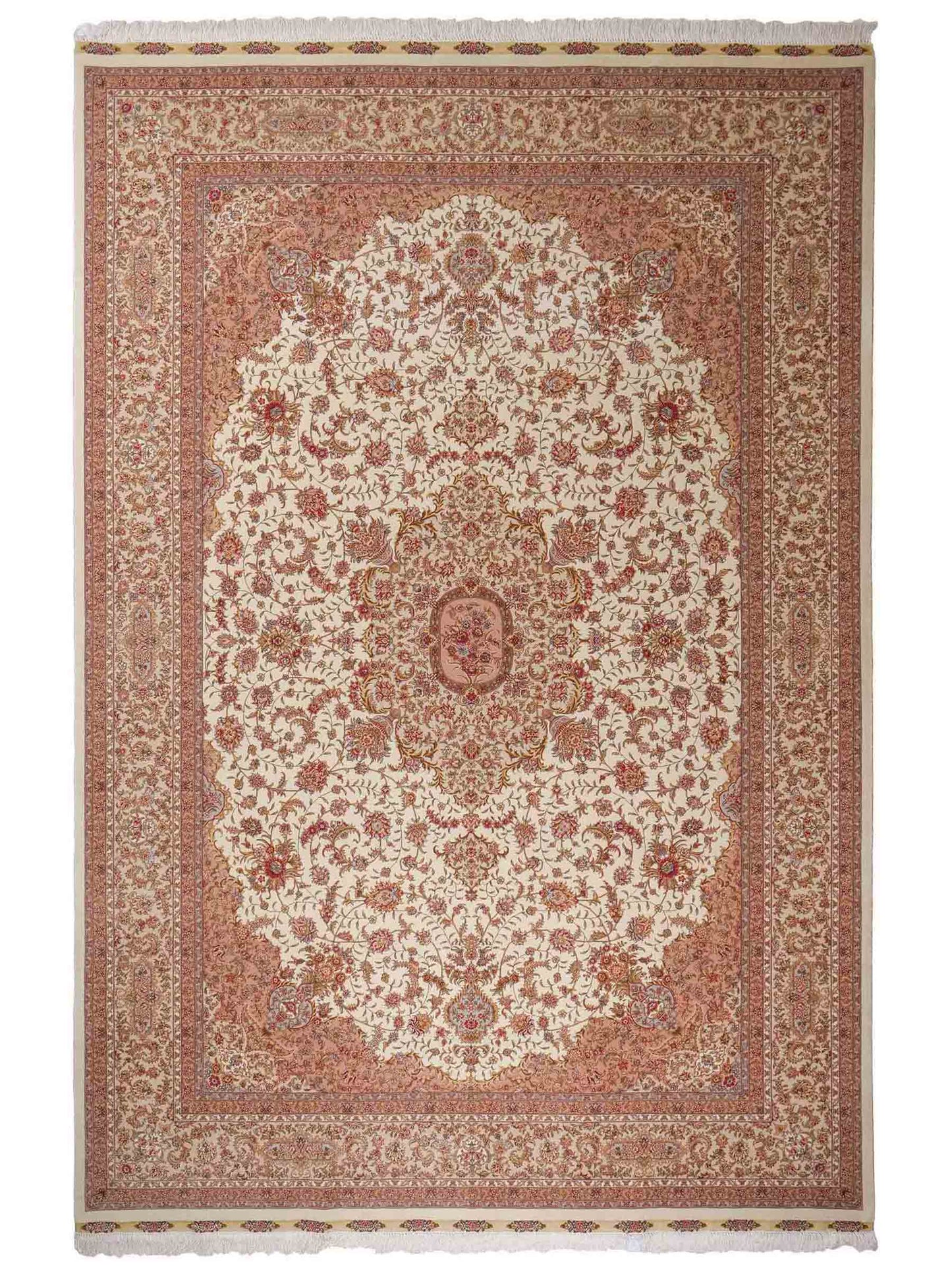 Sehr feiner, handgeknüpfter Khademi Orientteppich mit Täbriz Design aus Wolle mit Seide, creme, beige. 308x207 cm. Vertrieb durch Jupiter Intl.
