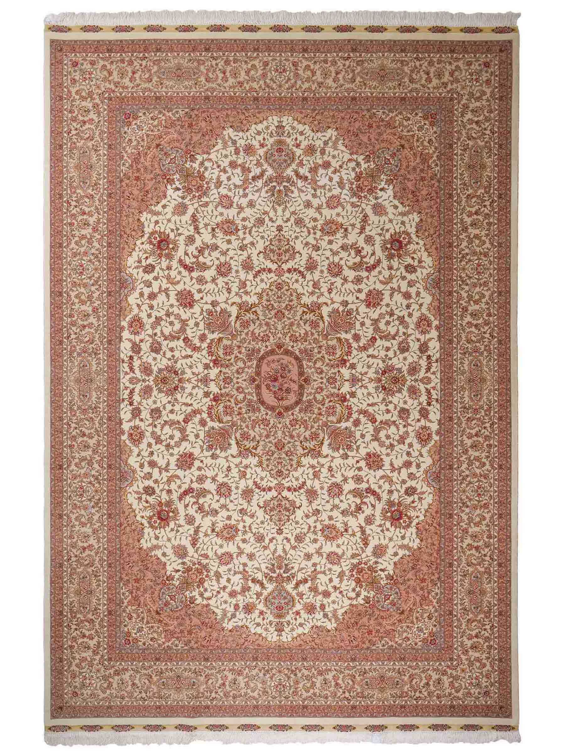Sehr feiner, handgeknüpfter Khademi Orientteppich mit Täbriz Design aus Wolle mit Seide, creme, beige. 308x207 cm. Vertrieb durch Jupiter Intl.