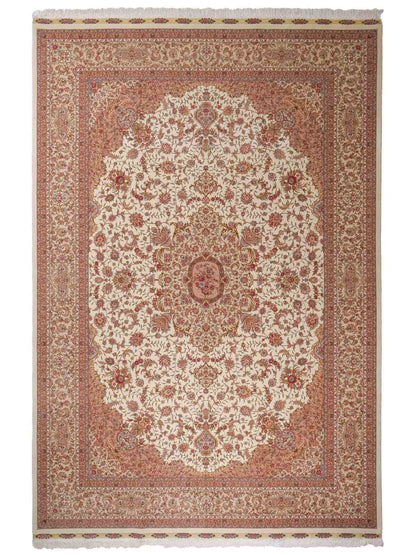 Sehr feiner, handgeknüpfter Khademi Orientteppich mit Täbriz Design aus Wolle mit Seide, creme, beige. 308x207 cm. Vertrieb durch Jupiter Intl.