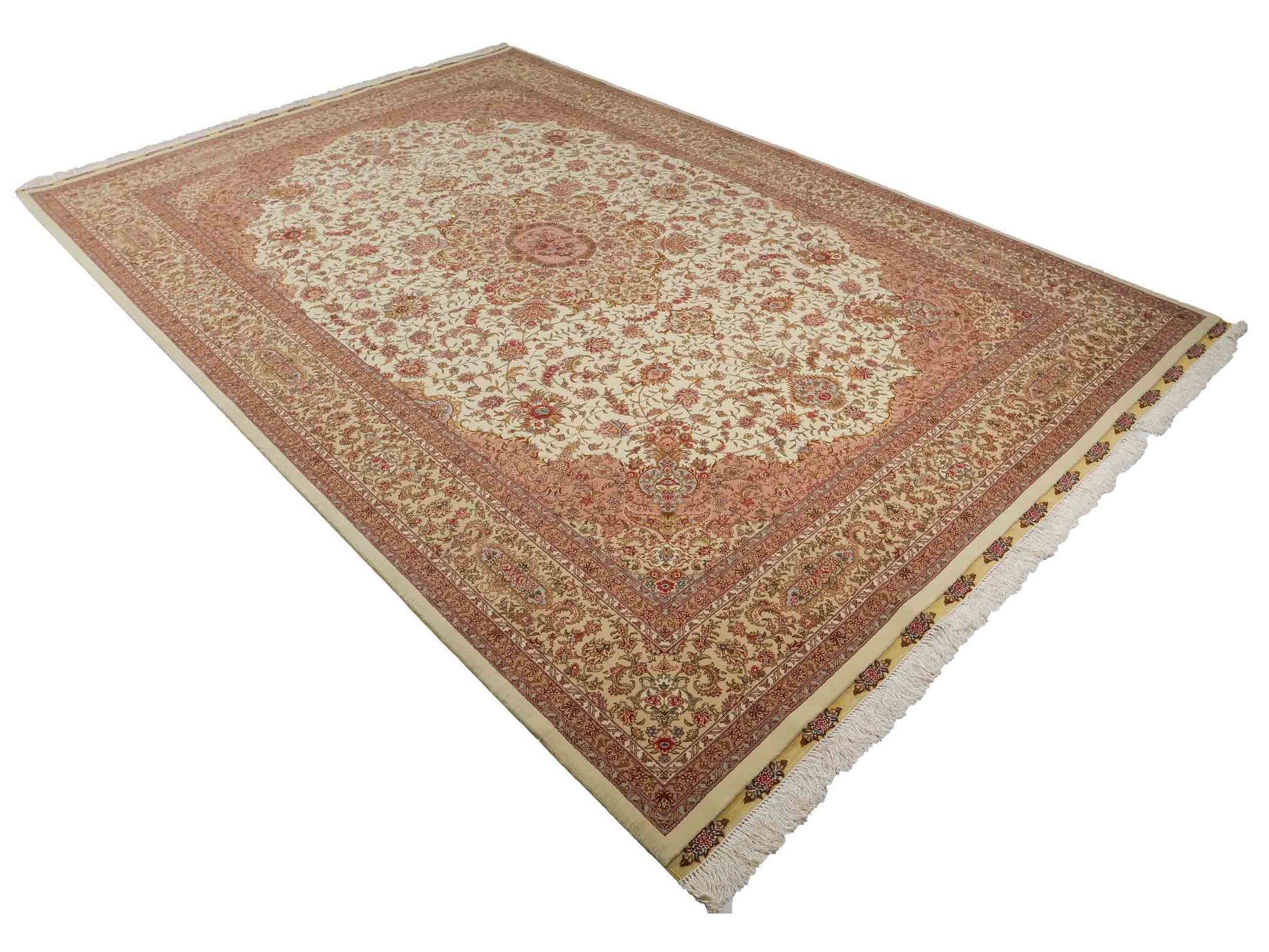 Sehr feiner, handgeknüpfter Khademi Orientteppich mit Täbriz Design aus Wolle mit Seide, creme, beige. 308x207 cm. Vertrieb durch Jupiter Intl.