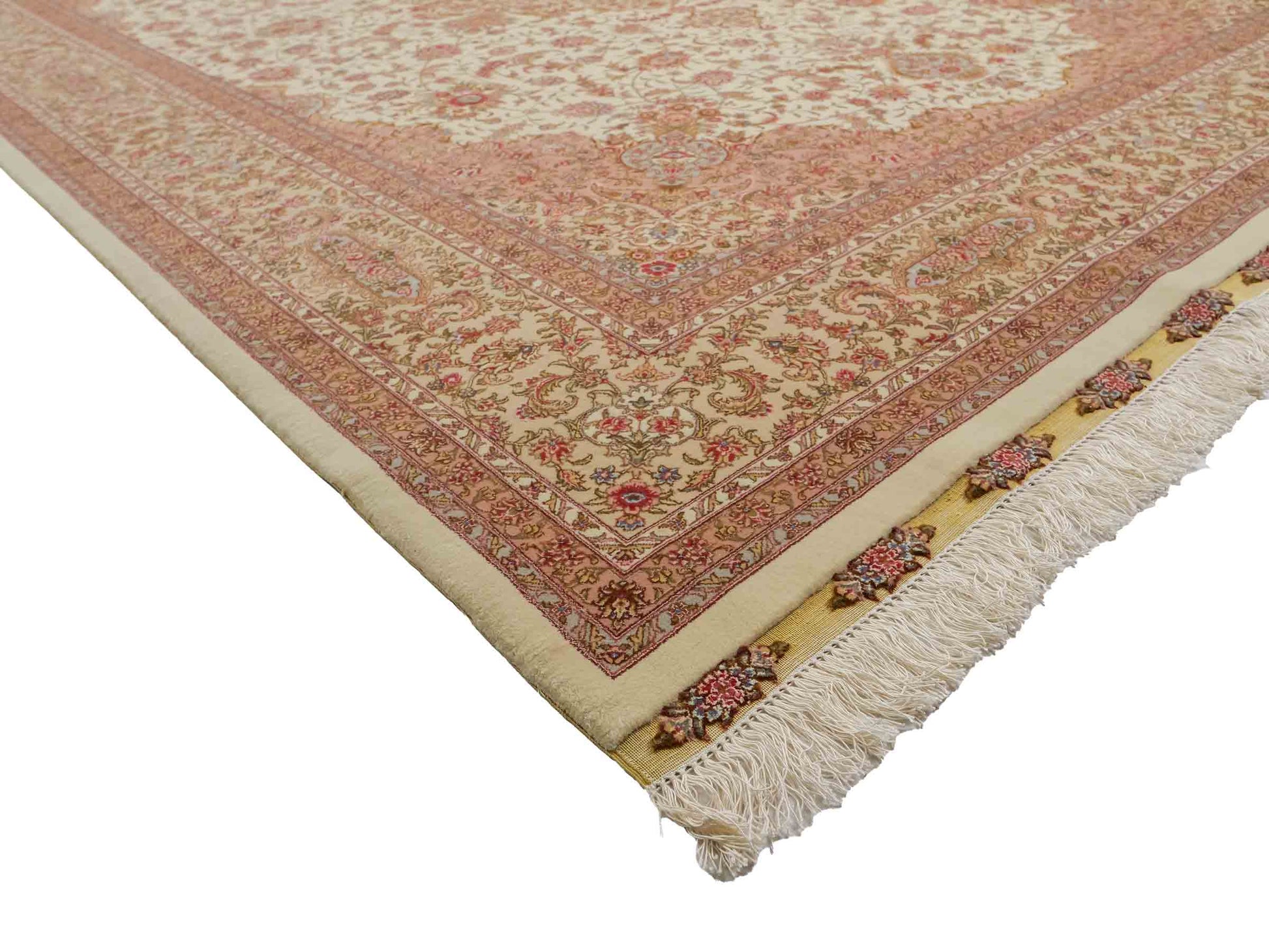 Sehr feiner, handgeknüpfter Khademi Orientteppich mit Täbriz Design aus Wolle mit Seide, creme, beige. 308x207 cm. Vertrieb durch Jupiter Intl.
