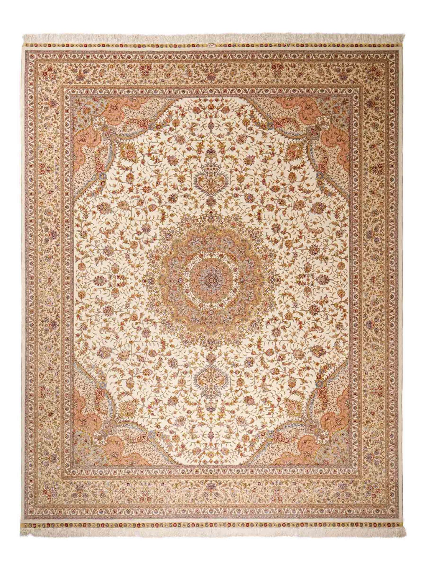 Sehr feiner, handgeknüpfter Khademi Orientteppich mit Täbriz Design aus Wolle mit Seide, creme, beige, gold. 308x245 cm. Vertrieb durch Jupiter Intl.