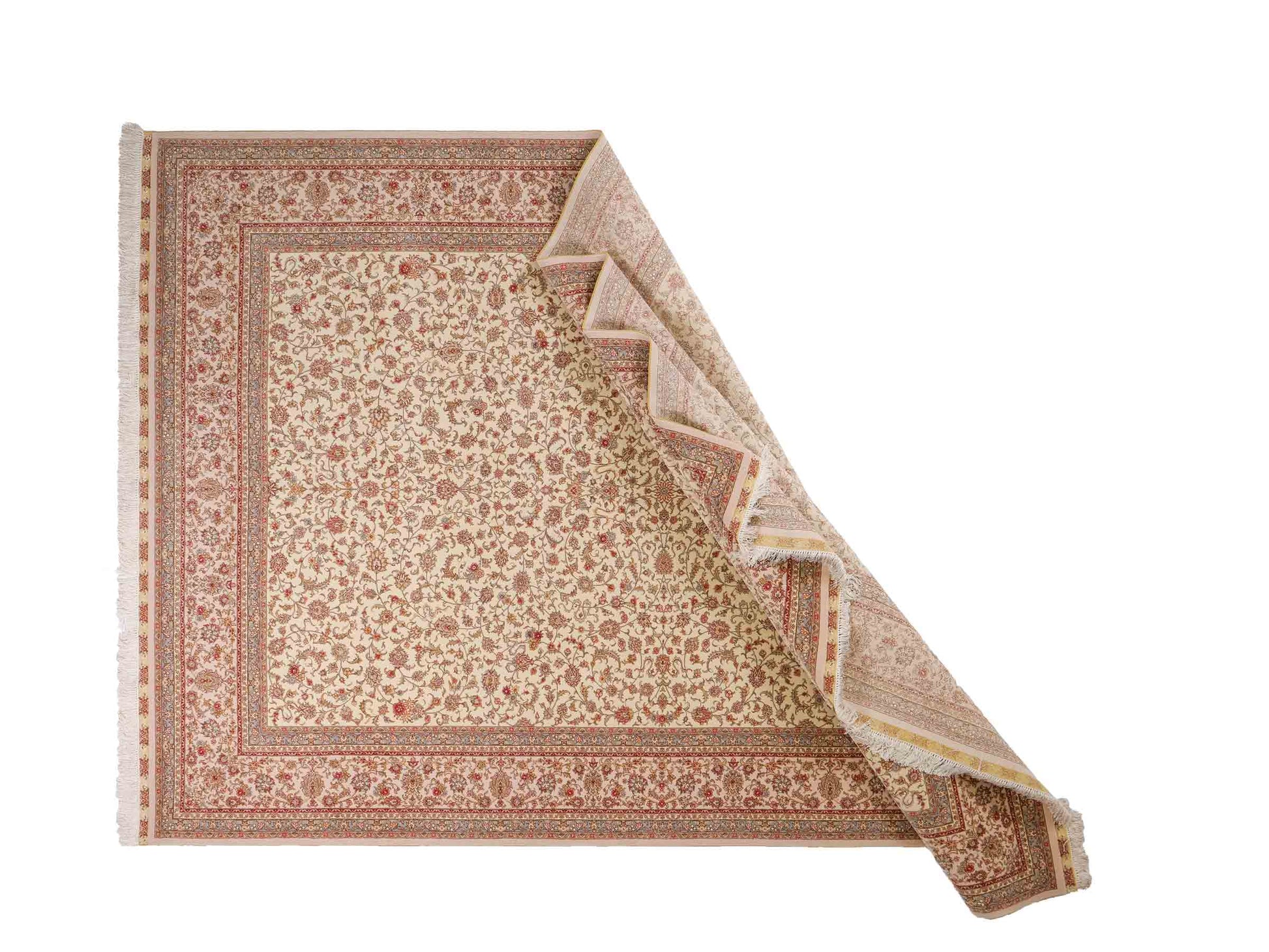 Sehr feiner, handgeknüpfter Khademi Orientteppich mit Täbriz Design aus Wolle mit Seide, creme, weiß, blau. 311x207 cm. Vertrieb durch Jupiter Intl.