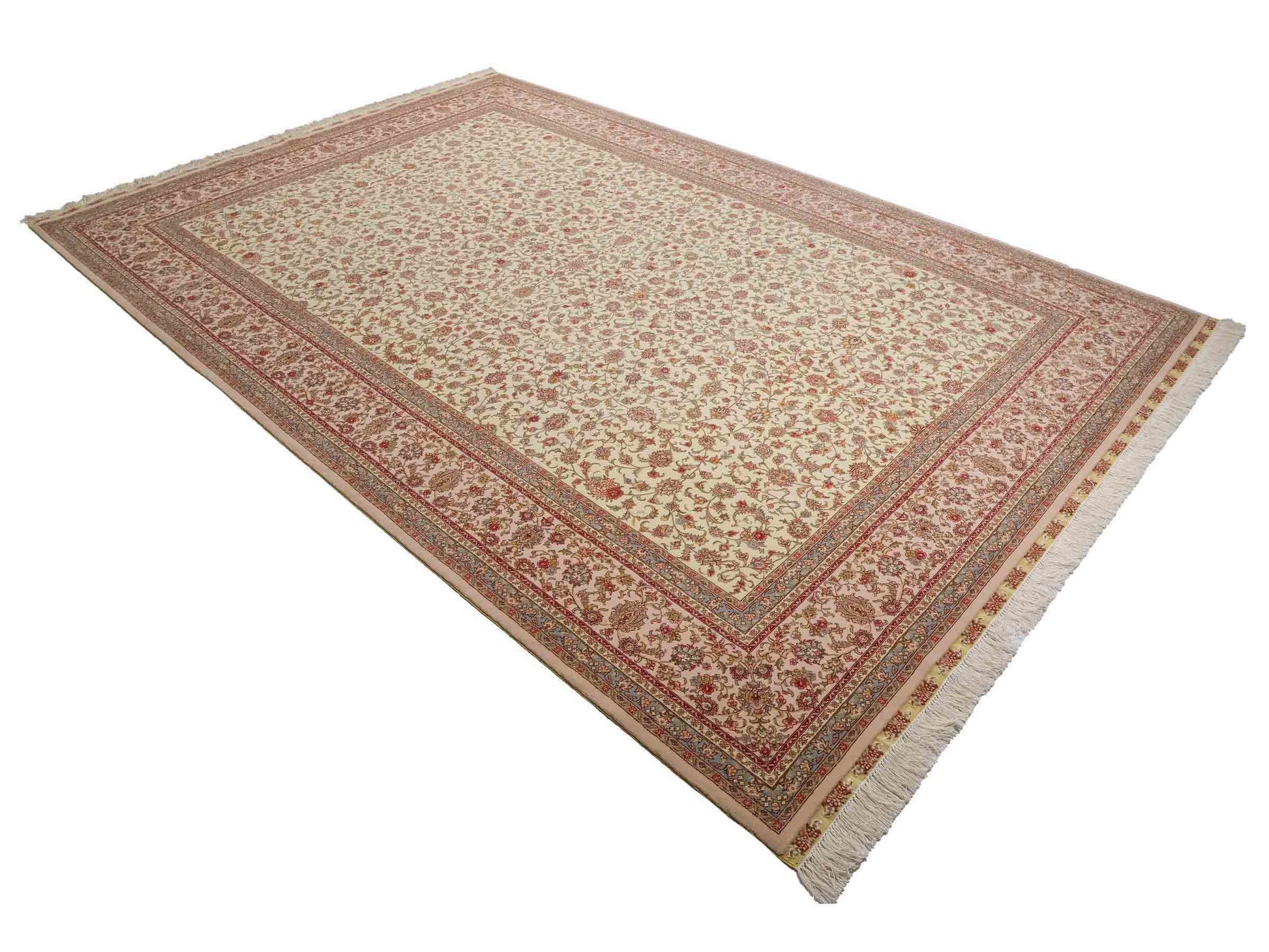 Sehr feiner, handgeknüpfter Khademi Orientteppich mit Täbriz Design aus Wolle mit Seide, creme, weiß, blau. 311x207 cm. Vertrieb durch Jupiter Intl.