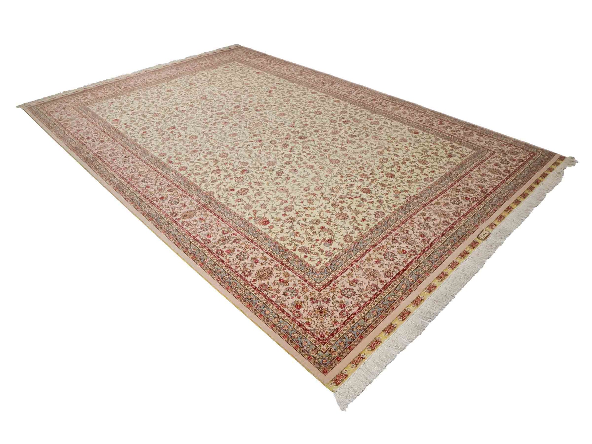 Sehr feiner, handgeknüpfter Khademi Orientteppich mit Täbriz Design aus Wolle mit Seide, creme, weiß, blau. 311x207 cm. Vertrieb durch Jupiter Intl.