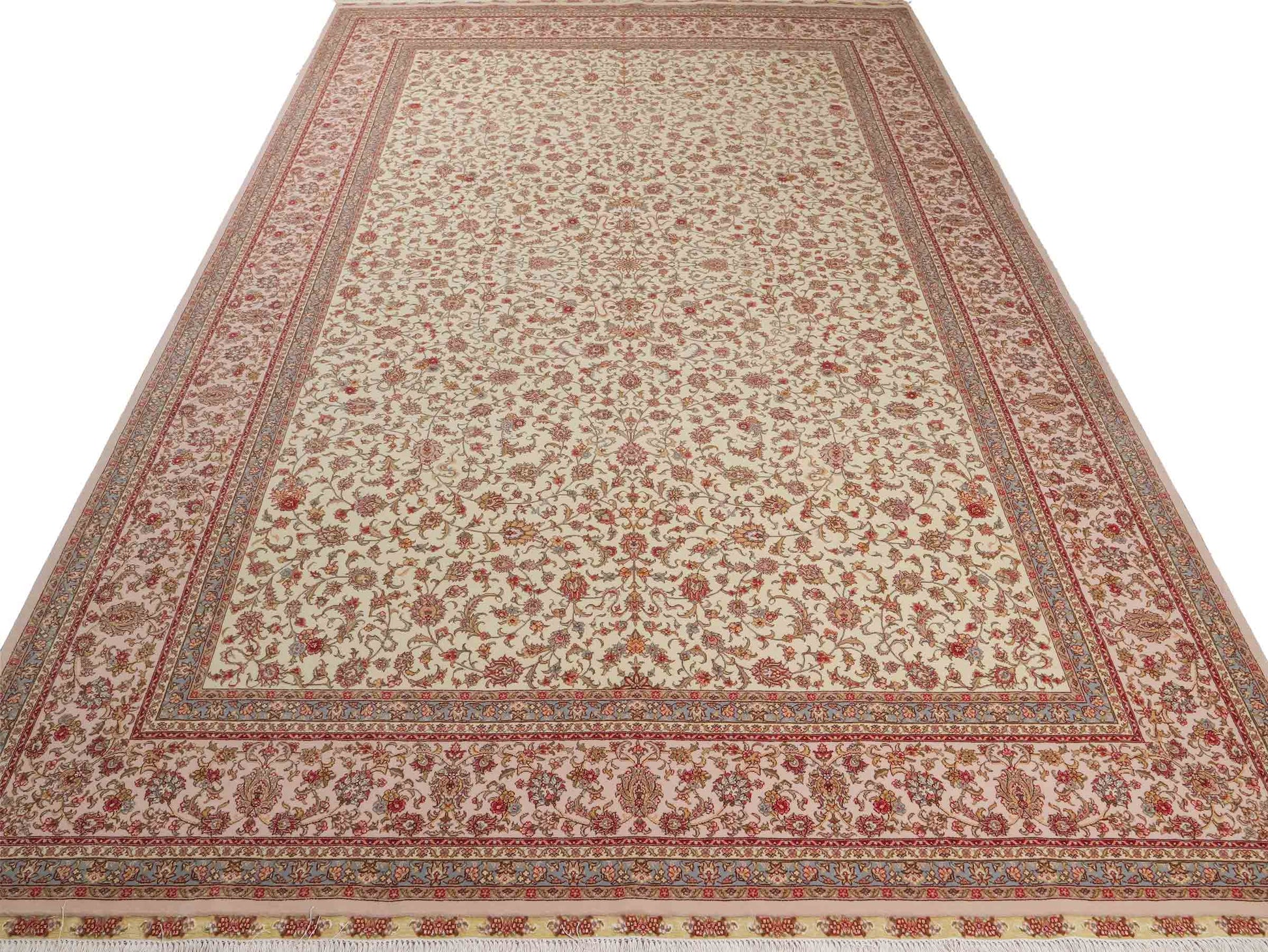 Sehr feiner, handgeknüpfter Khademi Orientteppich mit Täbriz Design aus Wolle mit Seide, creme, weiß, blau. 311x207 cm. Vertrieb durch Jupiter Intl.