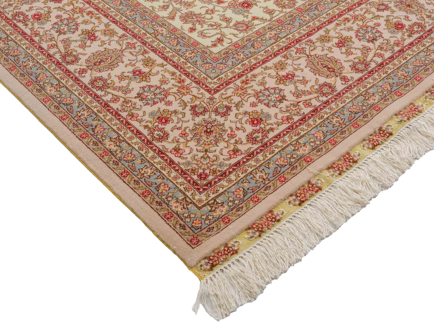 Sehr feiner, handgeknüpfter Khademi Orientteppich mit Täbriz Design aus Wolle mit Seide, creme, weiß, blau. 311x207 cm. Vertrieb durch Jupiter Intl.
