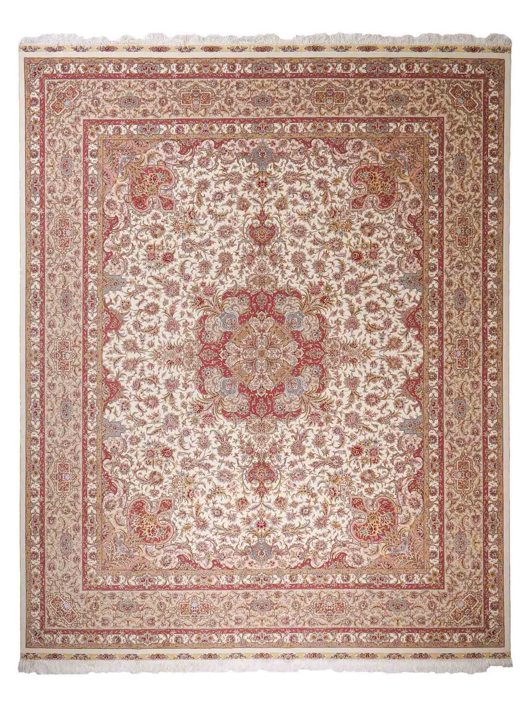 Sehr feiner, handgeknüpfter Khademi Orientteppich mit Täbriz Design aus Wolle mit Seide, creme,  rosa. 312x252 cm. Vertrieb durch Jupiter 