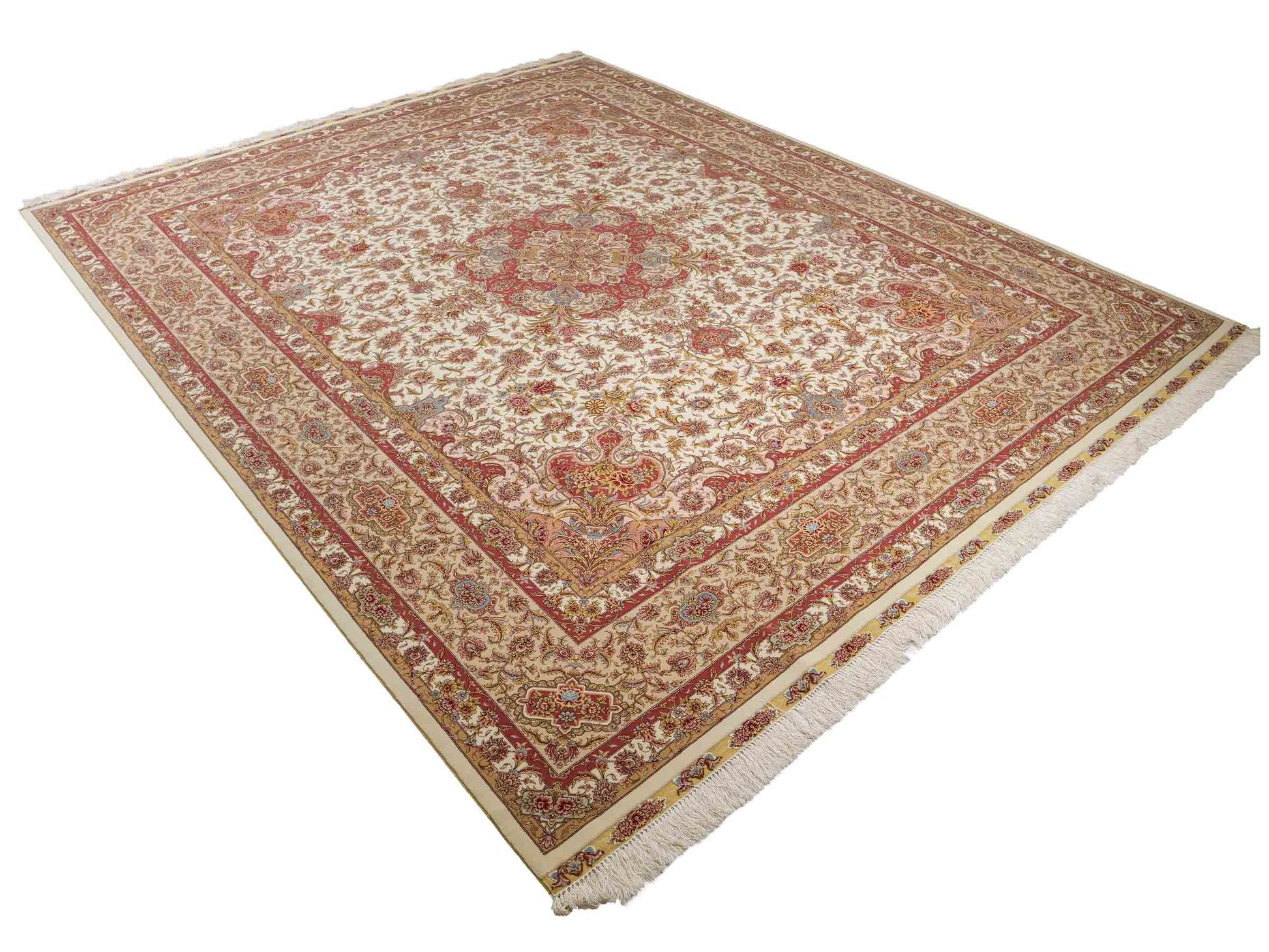 Sehr feiner, handgeknüpfter Khademi Orientteppich mit Täbriz Design aus Wolle mit Seide, creme,  rosa. 312x252 cm. Vertrieb durch Jupiter 