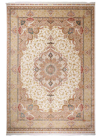 Sehr feiner, handgeknüpfter Khademi Orientteppich mit Täbriz Design aus Wolle mit Seide, creme, gold. 354x258 cm. Vertrieb durch Jupiter Intl.