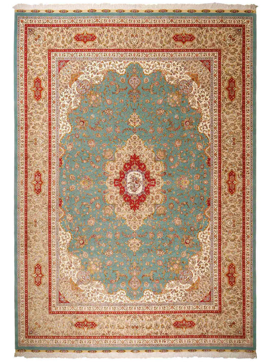 Sehr feiner, handgeknüpfter Khademi Orientteppich mit Täbriz Design aus Wolle mit Seide, blau. 359x275 cm. Vertrieb durch Jupiter Intl.