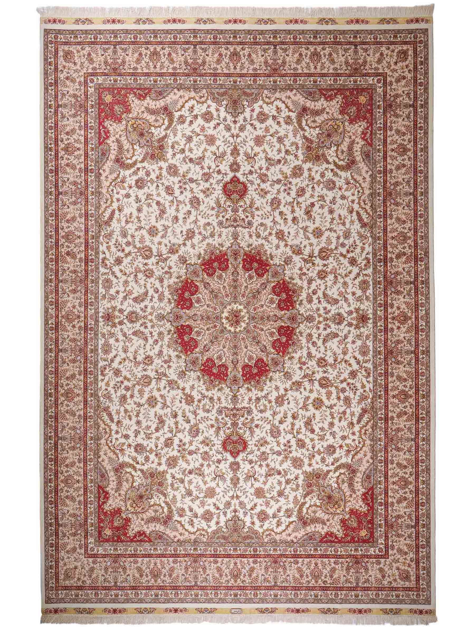 Sehr feiner, handgeknüpfter Khademi Orientteppich mit Täbriz Design aus Wolle mit Seide, creme. 360x258 cm. Vertrieb durch Jupiter Intl.