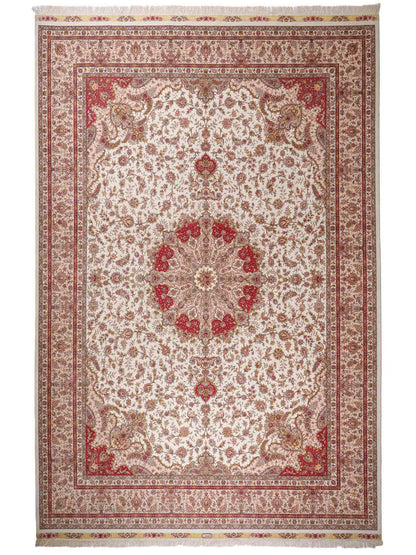 Sehr feiner, handgeknüpfter Khademi Orientteppich mit Täbriz Design aus Wolle mit Seide, creme. 360x258 cm. Vertrieb durch Jupiter Intl.