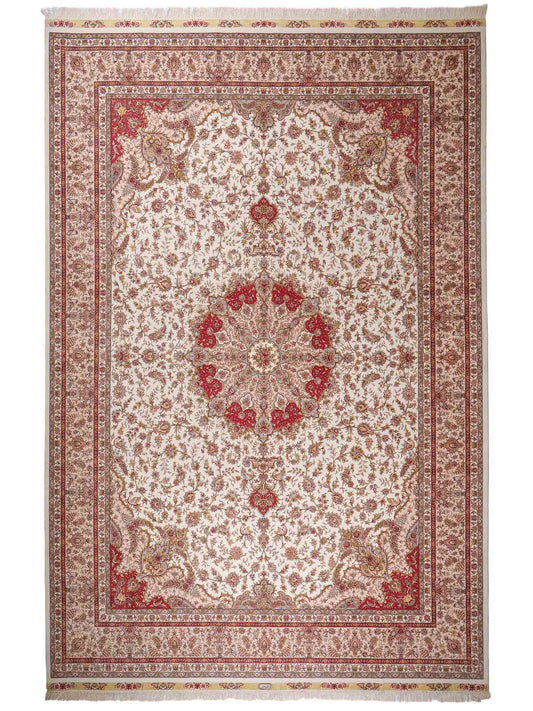 Sehr feiner, handgeknüpfter Khademi Orientteppich mit Täbriz Design aus Wolle mit Seide, creme. 360x258 cm. Vertrieb durch Jupiter Intl.