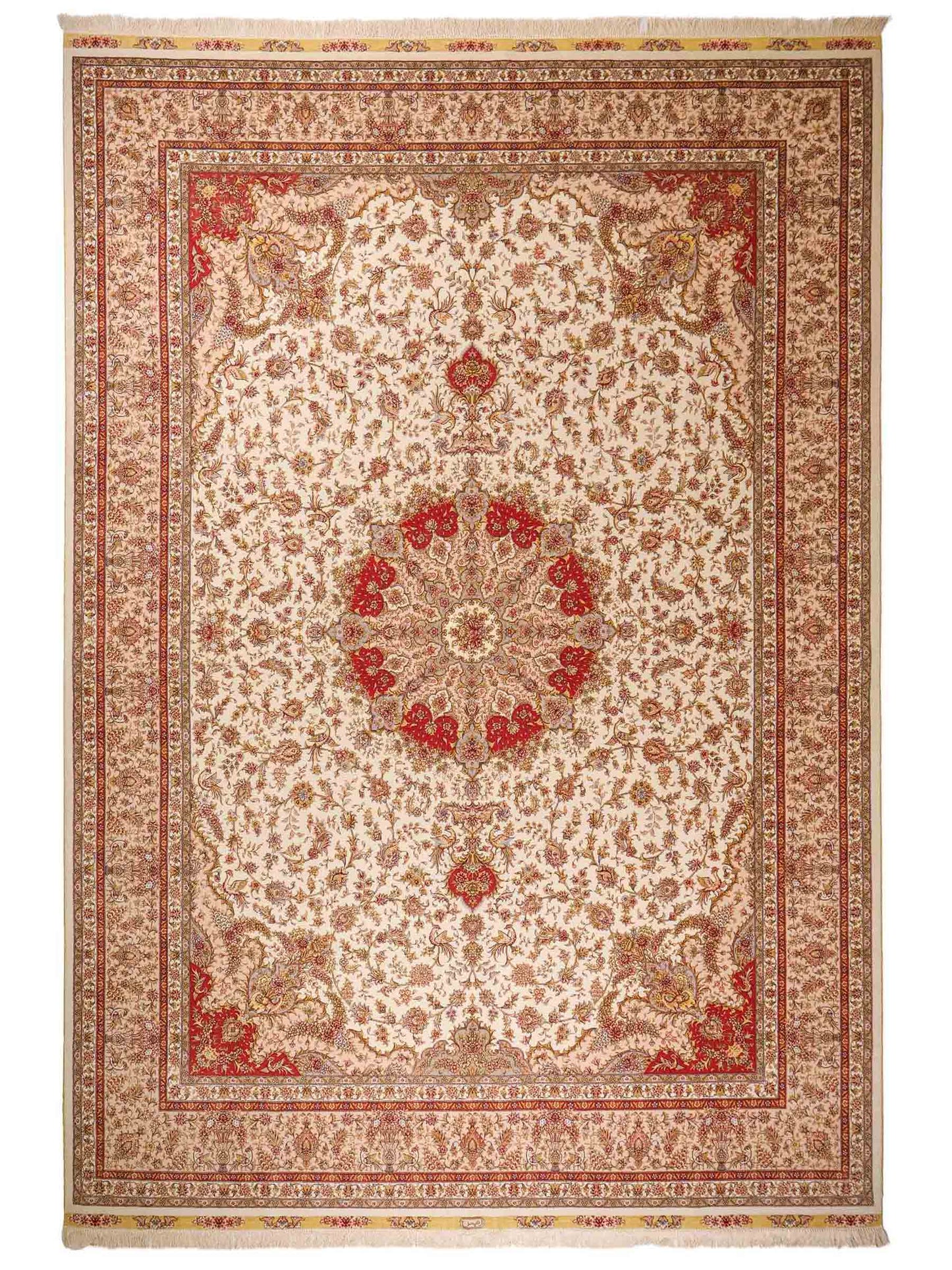 Sehr feiner, handgeknüpfter Khademi Orientteppich mit Täbriz Design aus Wolle mit Seide, creme. 362x257 cm. Vertrieb durch Jupiter Intl.