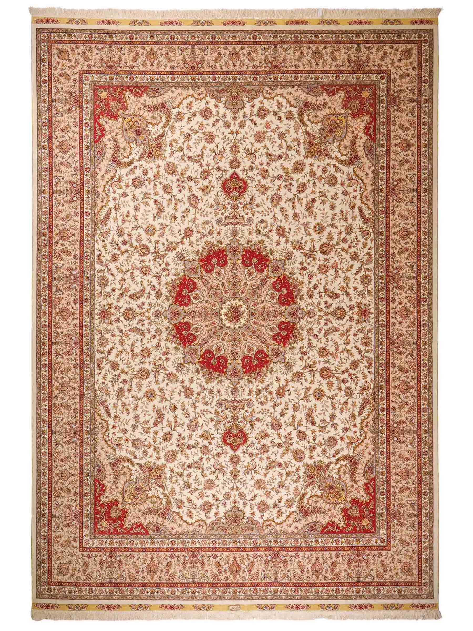 Sehr feiner, handgeknüpfter Khademi Orientteppich mit Täbriz Design aus Wolle mit Seide, creme. 362x257 cm. Vertrieb durch Jupiter Intl.