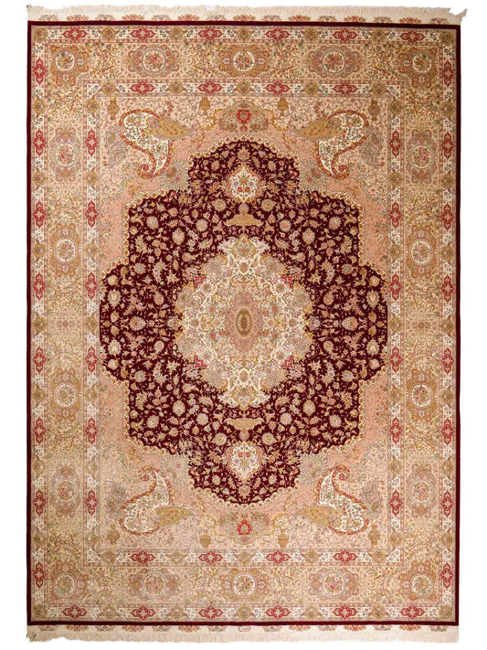 Sehr feiner, handgeknüpfter Khademi Orientteppich mit Täbriz Design aus Wolle mit Seide, rot, creme. 362x276 cm. Vertrieb durch Jupiter Intl.