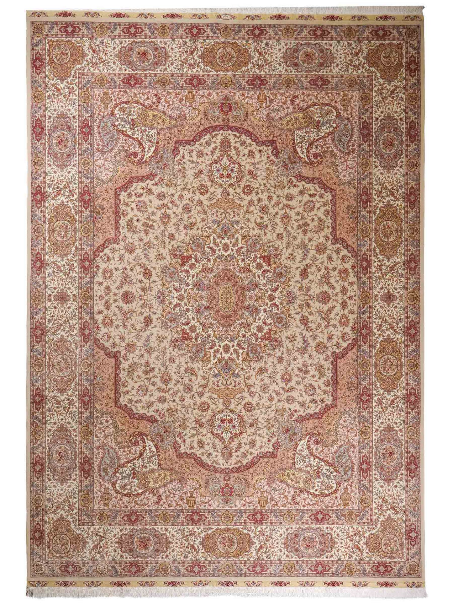 Sehr feiner, handgeknüpfter Khademi Orientteppich mit Täbriz Design aus Wolle mit Seide, creme, grün. 367x275 cm. Verkauf durch Jupiter Intl.