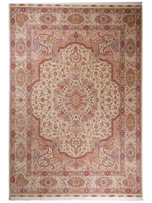 Sehr feiner, handgeknüpfter Khademi Orientteppich mit Täbriz Design aus Wolle mit Seide, creme, grün. 367x275 cm. Verkauf durch Jupiter Intl.