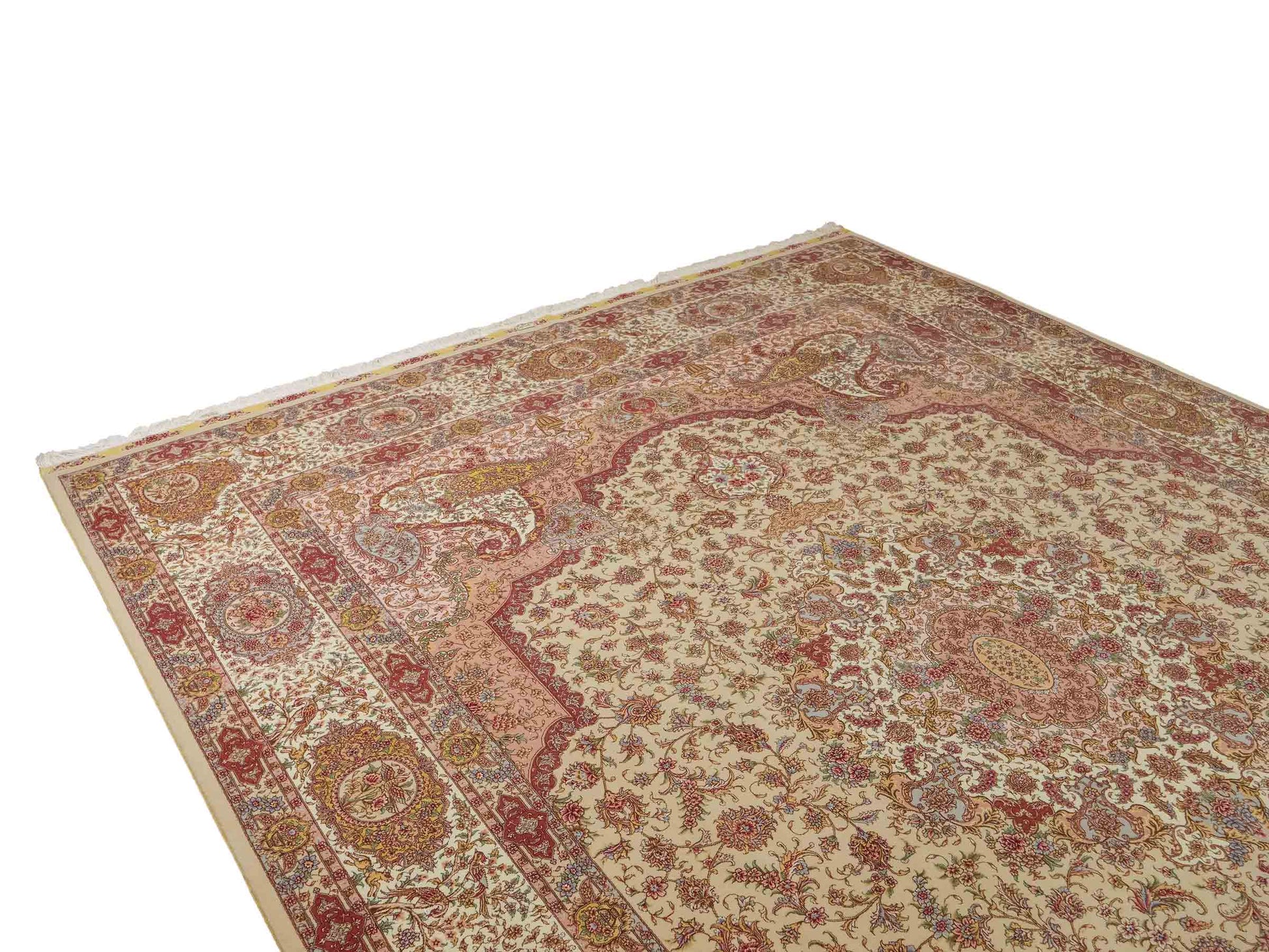 Sehr feiner, handgeknüpfter Khademi Orientteppich mit Täbriz Design aus Wolle mit Seide, creme, grün. 367x275 cm. Verkauf durch Jupiter Intl.